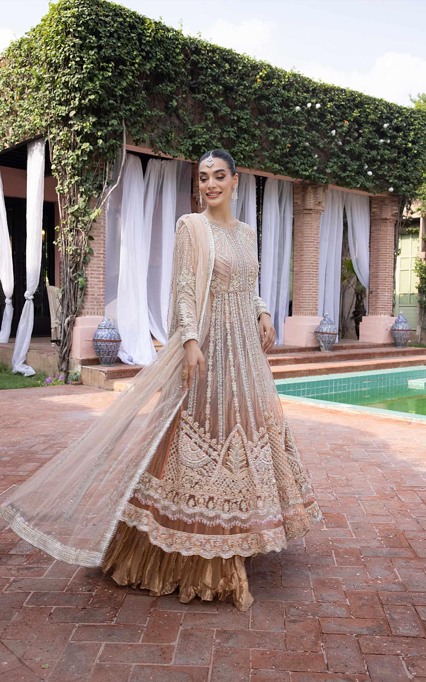 Pakistani Pastel Peach Embellished Net Anarkali Dress (2-Piece) - Image 2