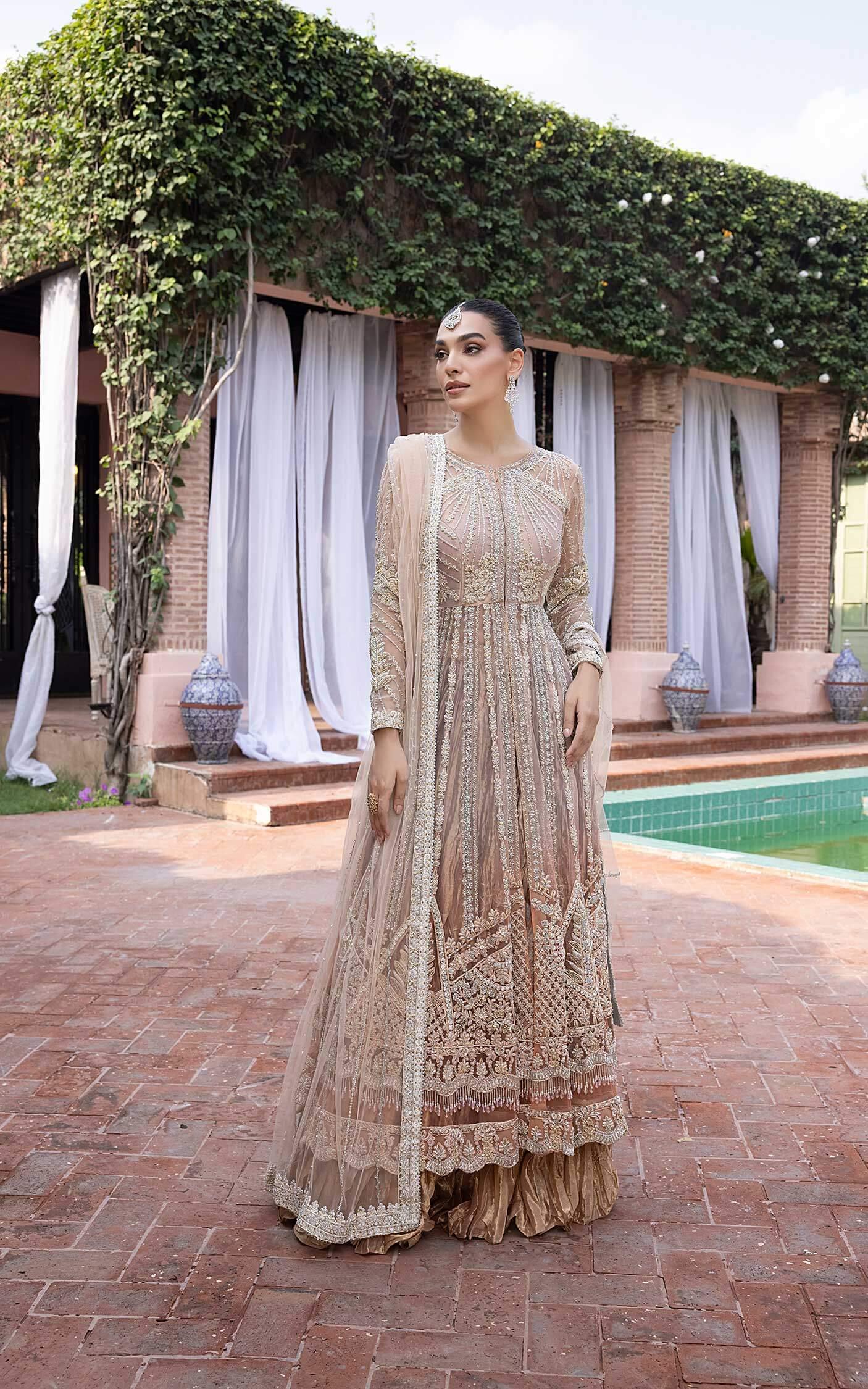 Pakistani Pastel Peach Embellished Net Anarkali Dress (2-Piece) - Image 3