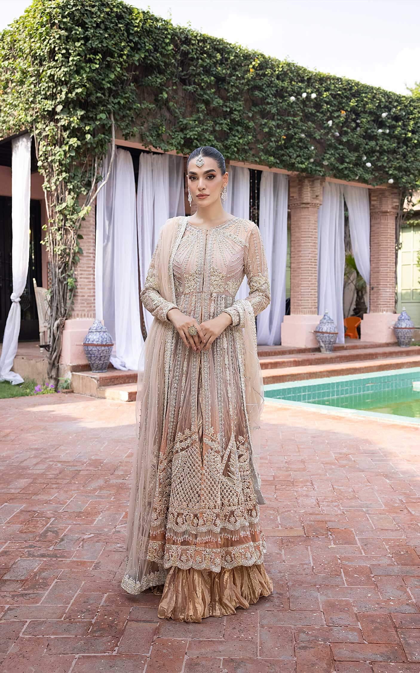 Pakistani Pastel Peach Embellished Net Anarkali Dress (2-Piece) - Image 5