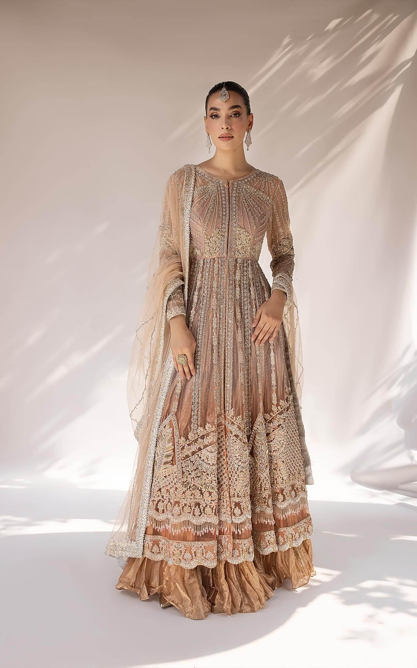 Pakistani Pastel Peach Embellished Net Anarkali Dress (2-Piece) - Image 7