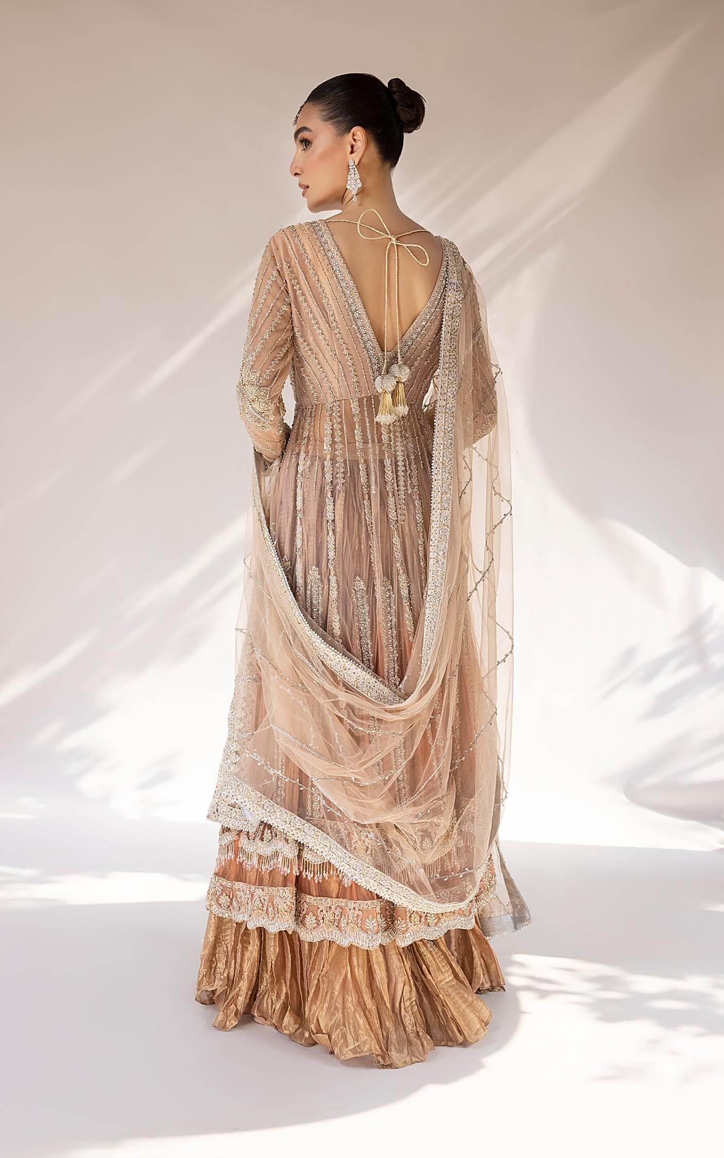 Pakistani Pastel Peach Embellished Net Anarkali Dress (2-Piece) - Image 8