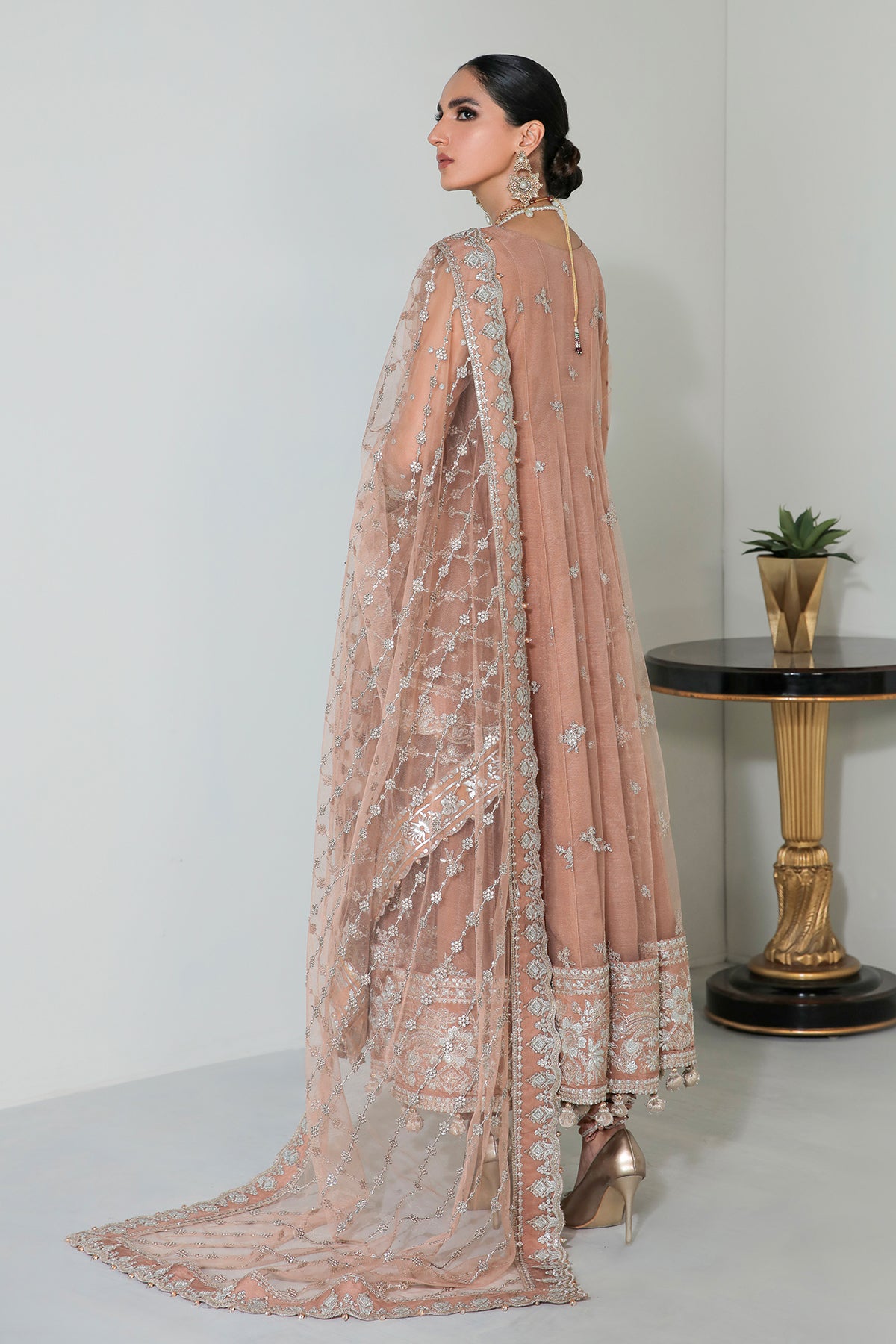 Peach Embroidered Net Anarkali Dress (3-Piece) - Image 2