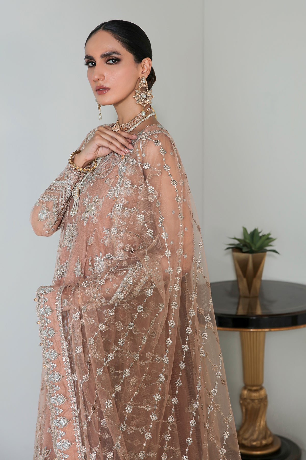 Peach Embroidered Net Anarkali Dress (3-Piece) - Image 4