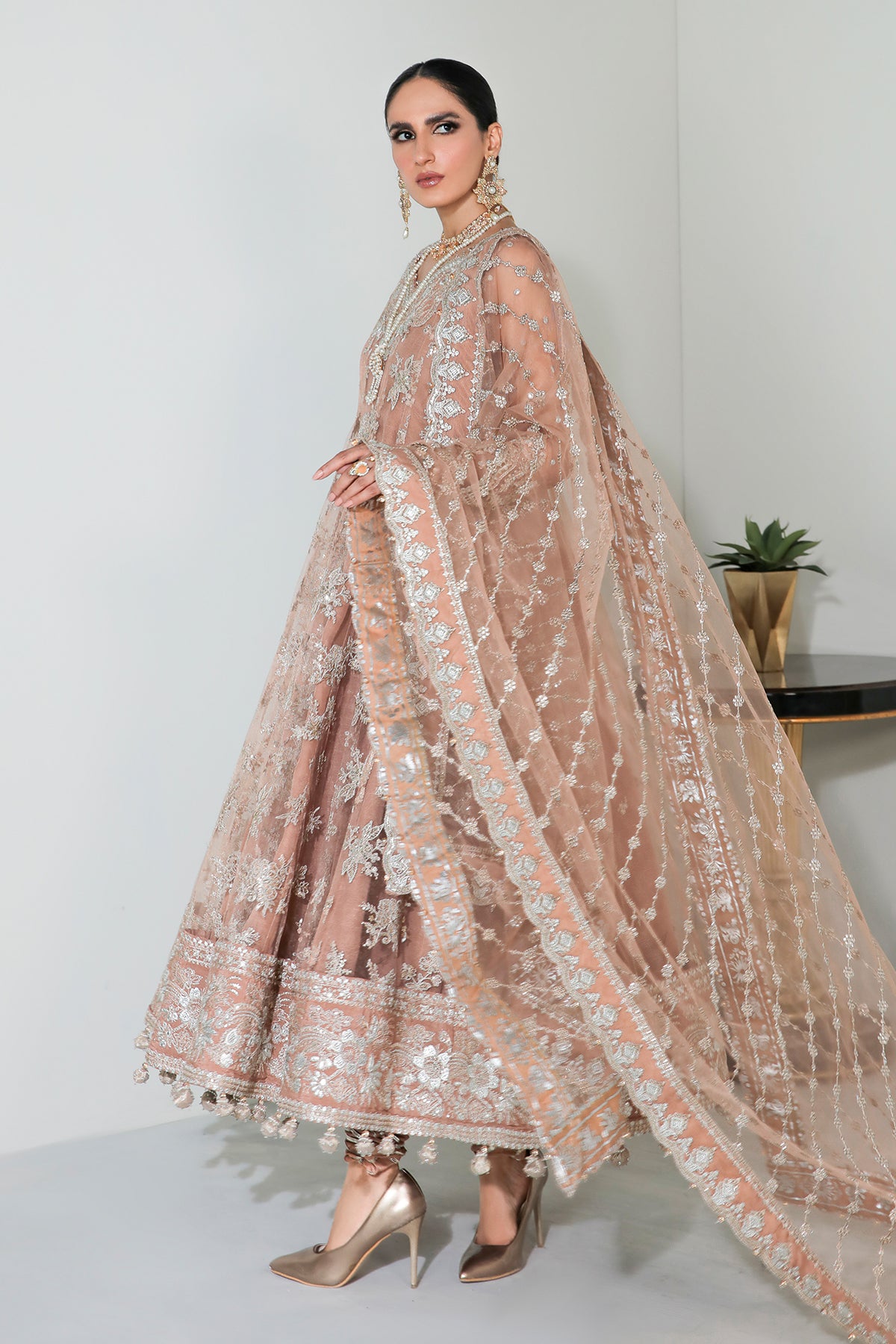 Peach Embroidered Net Anarkali Dress (3-Piece) - Image 5