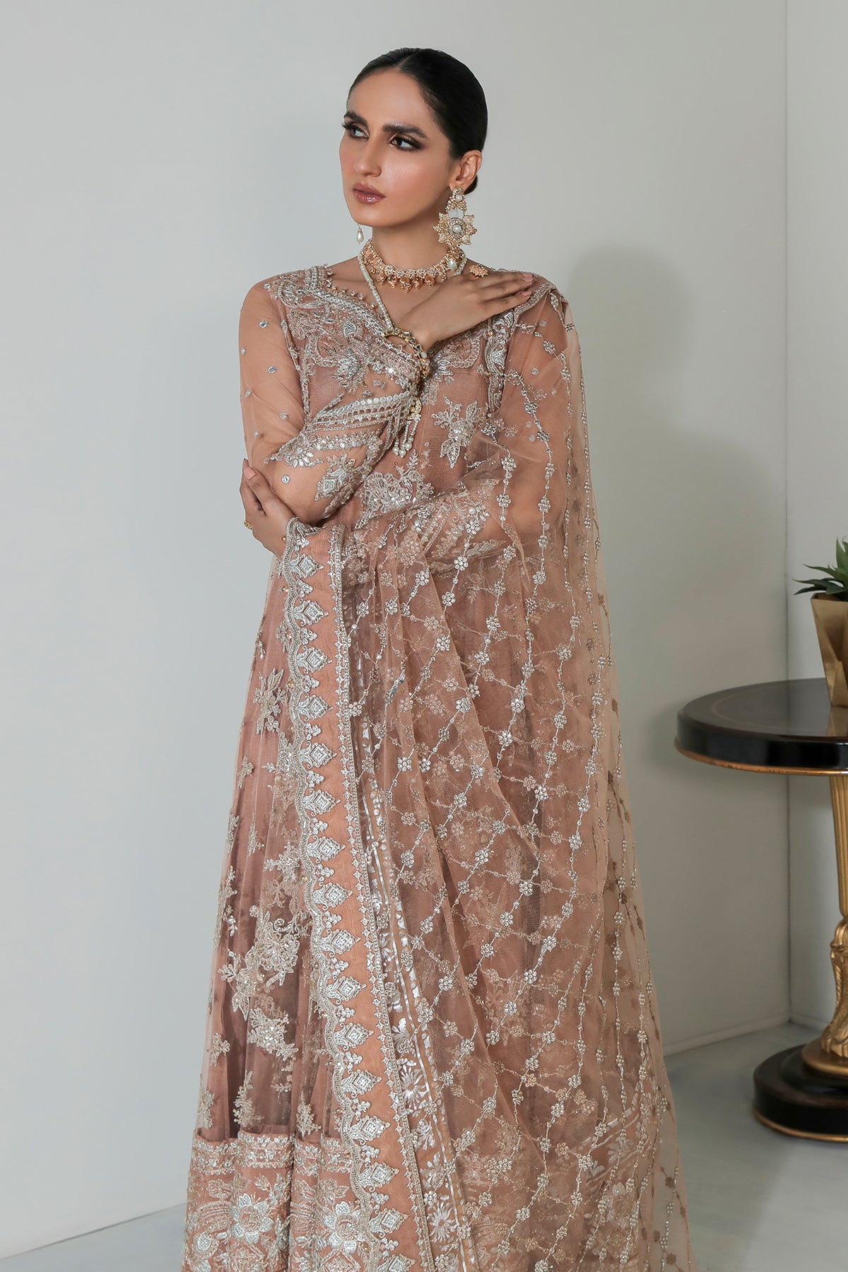 Peach Embroidered Net Anarkali Dress (3-Piece) - Image 6