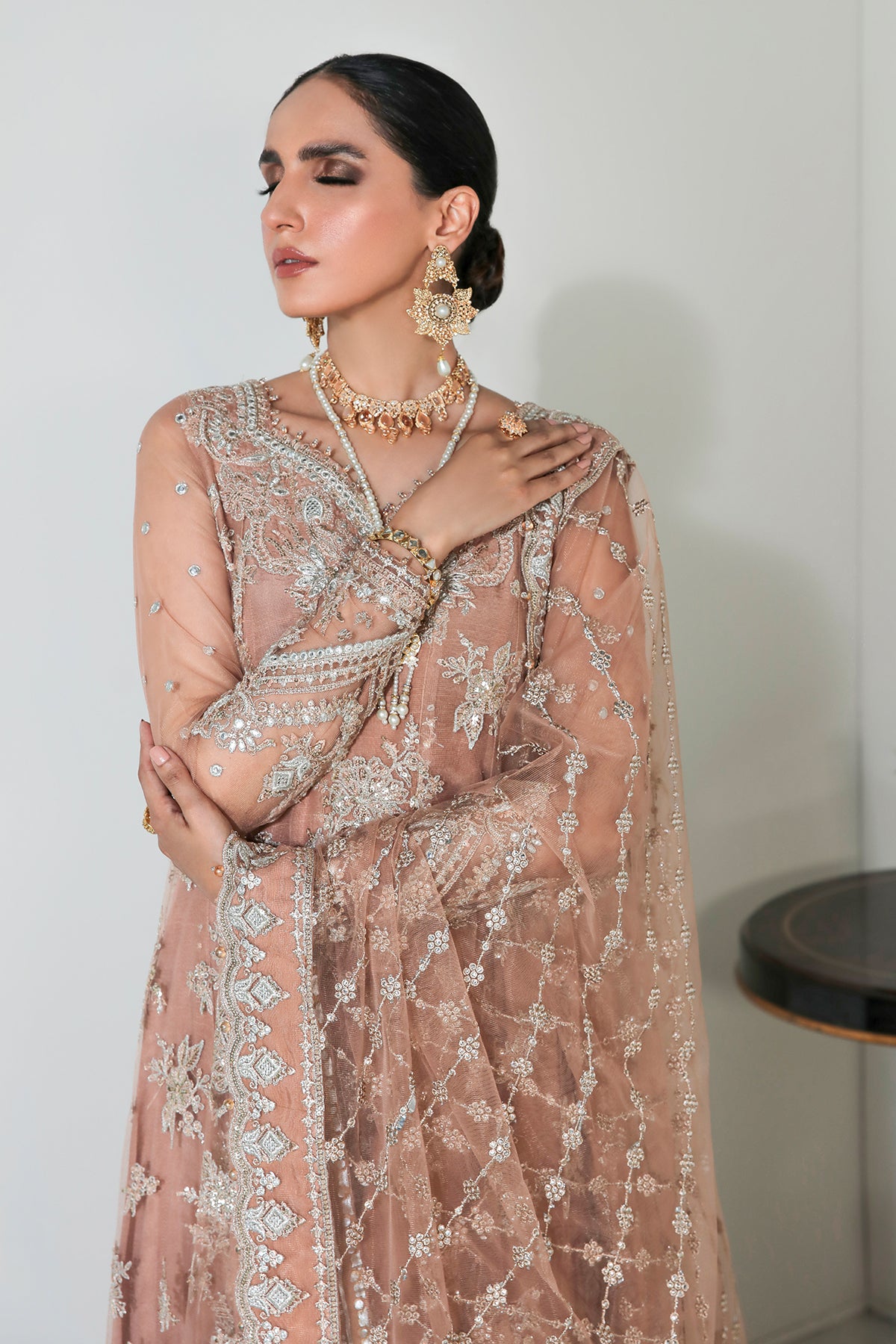 Peach Embroidered Net Anarkali Dress (3-Piece) - Image 7