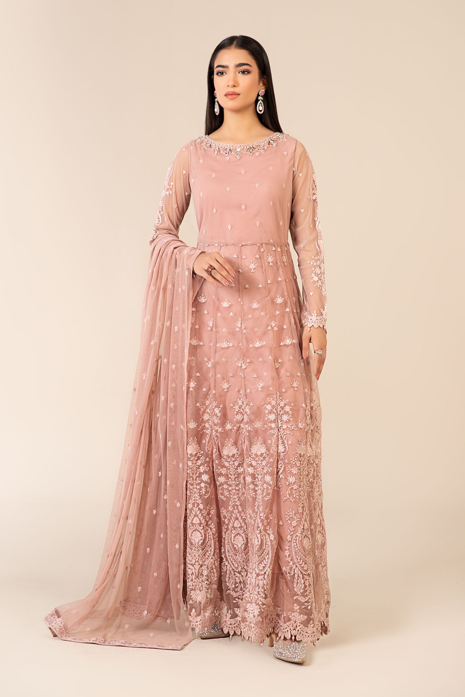 Peach Embroidered Net Anarkali Dress (3-Piece) - Image 1