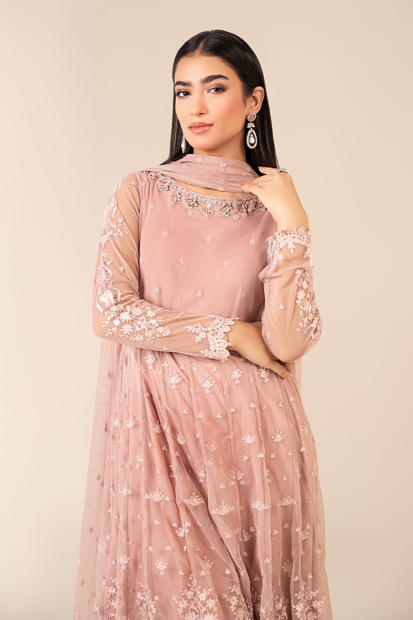 Peach Embroidered Net Anarkali Dress (3-Piece) - Image 2