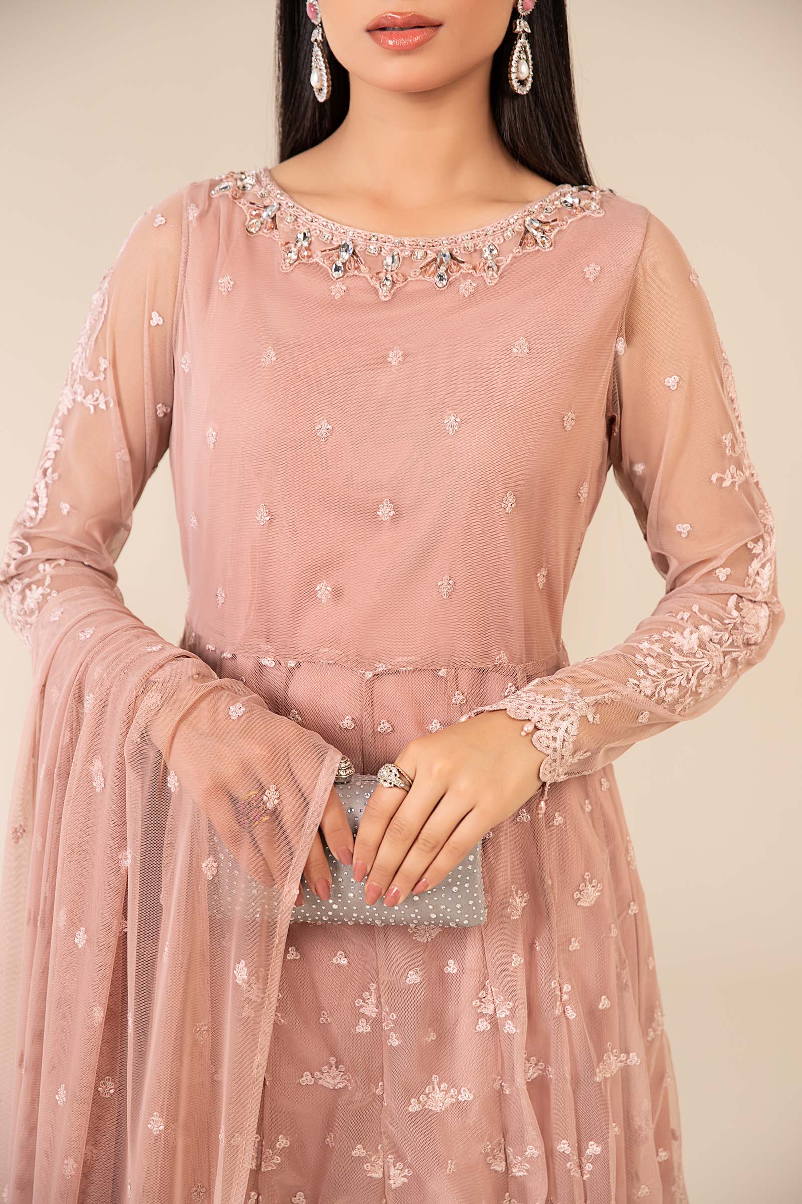 Peach Embroidered Net Anarkali Dress (3-Piece) - Image 3