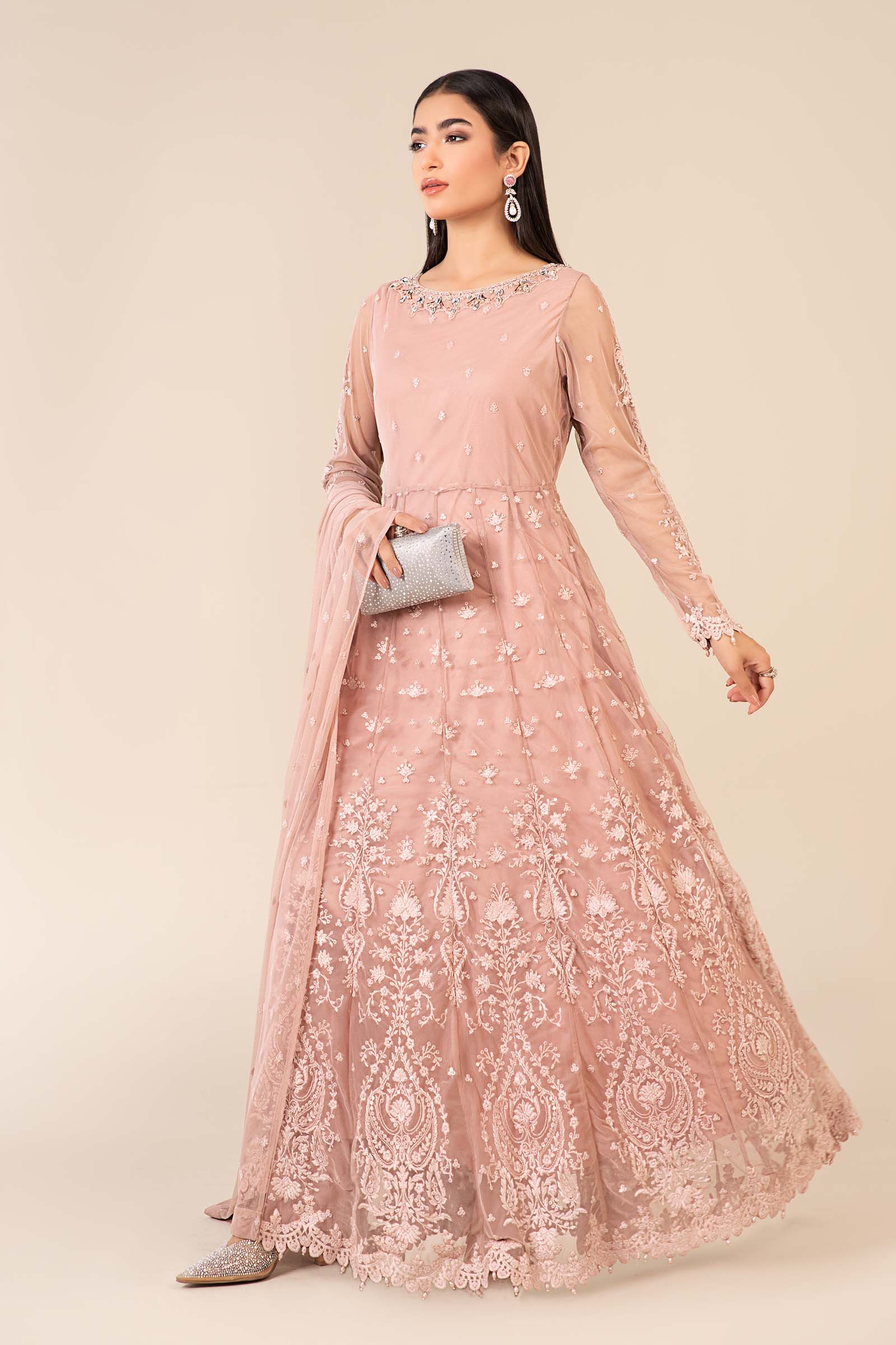 Peach Embroidered Net Anarkali Dress (3-Piece) - Image 4