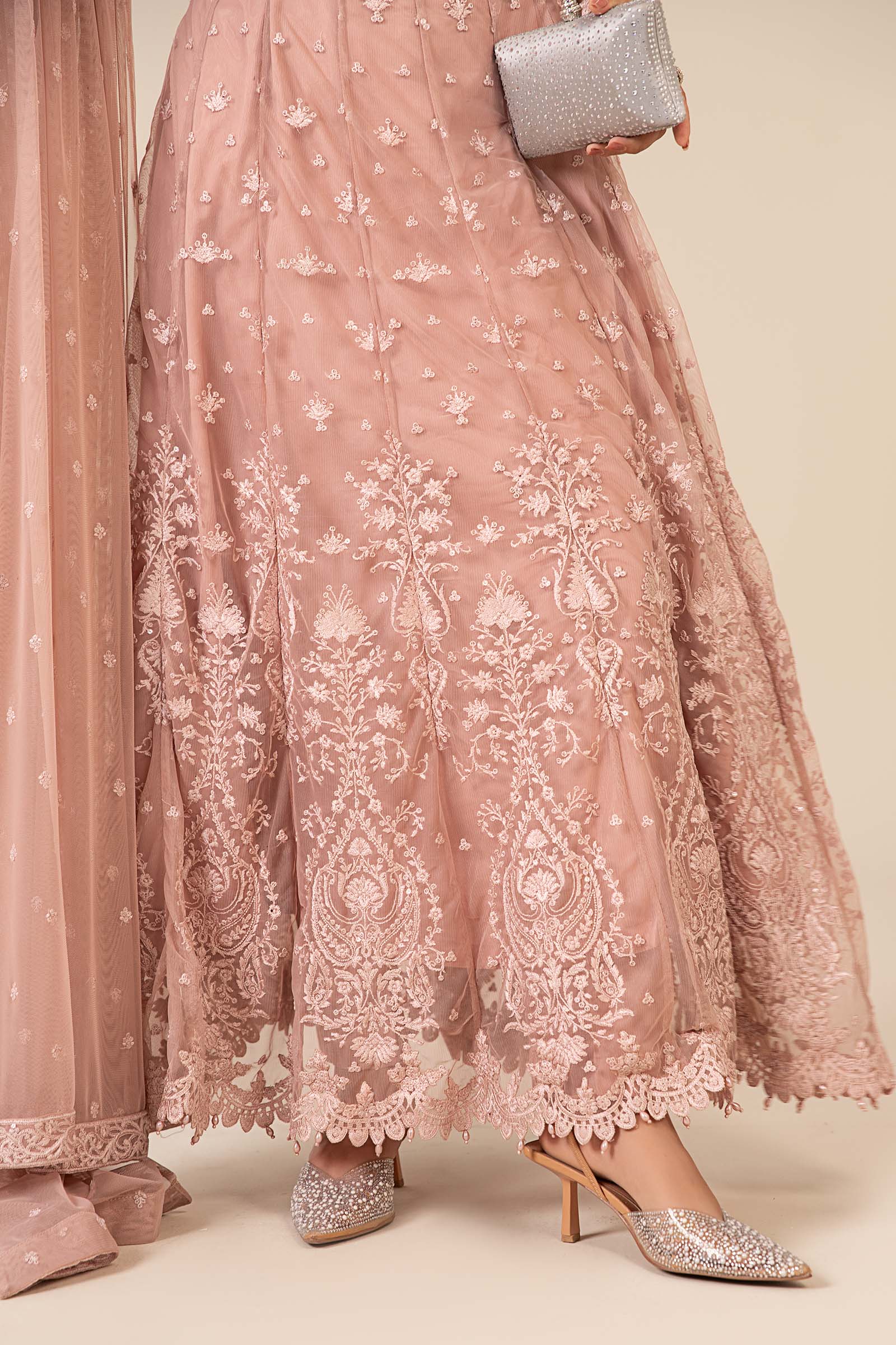Peach Embroidered Net Anarkali Dress (3-Piece) - Image 5