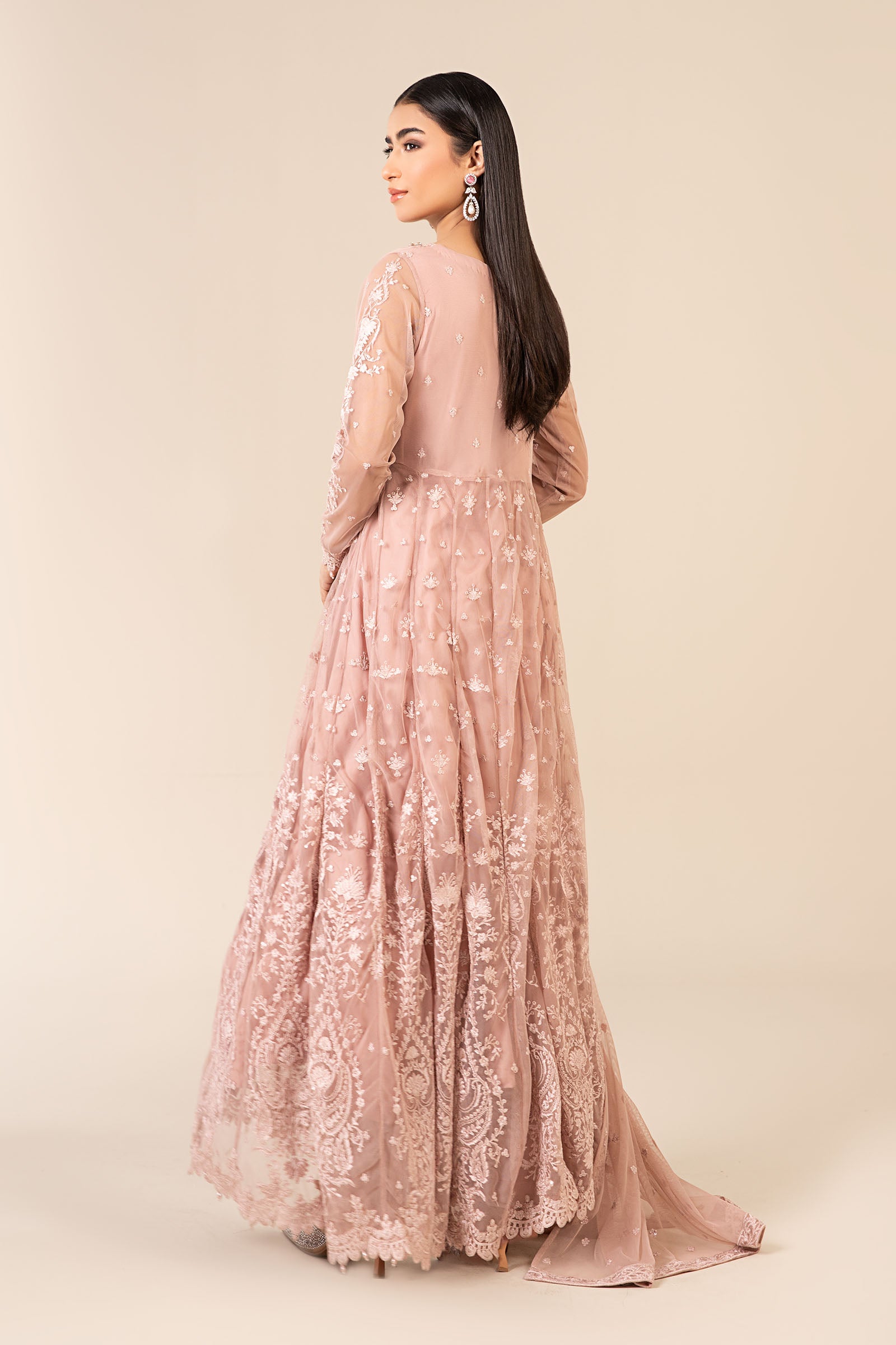 Peach Embroidered Net Anarkali Dress (3-Piece) - Image 6