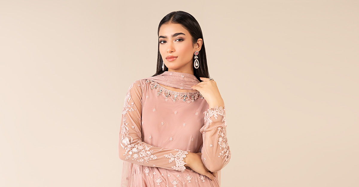 Peach Embroidered Net Anarkali Dress (3-Piece) - Image 7