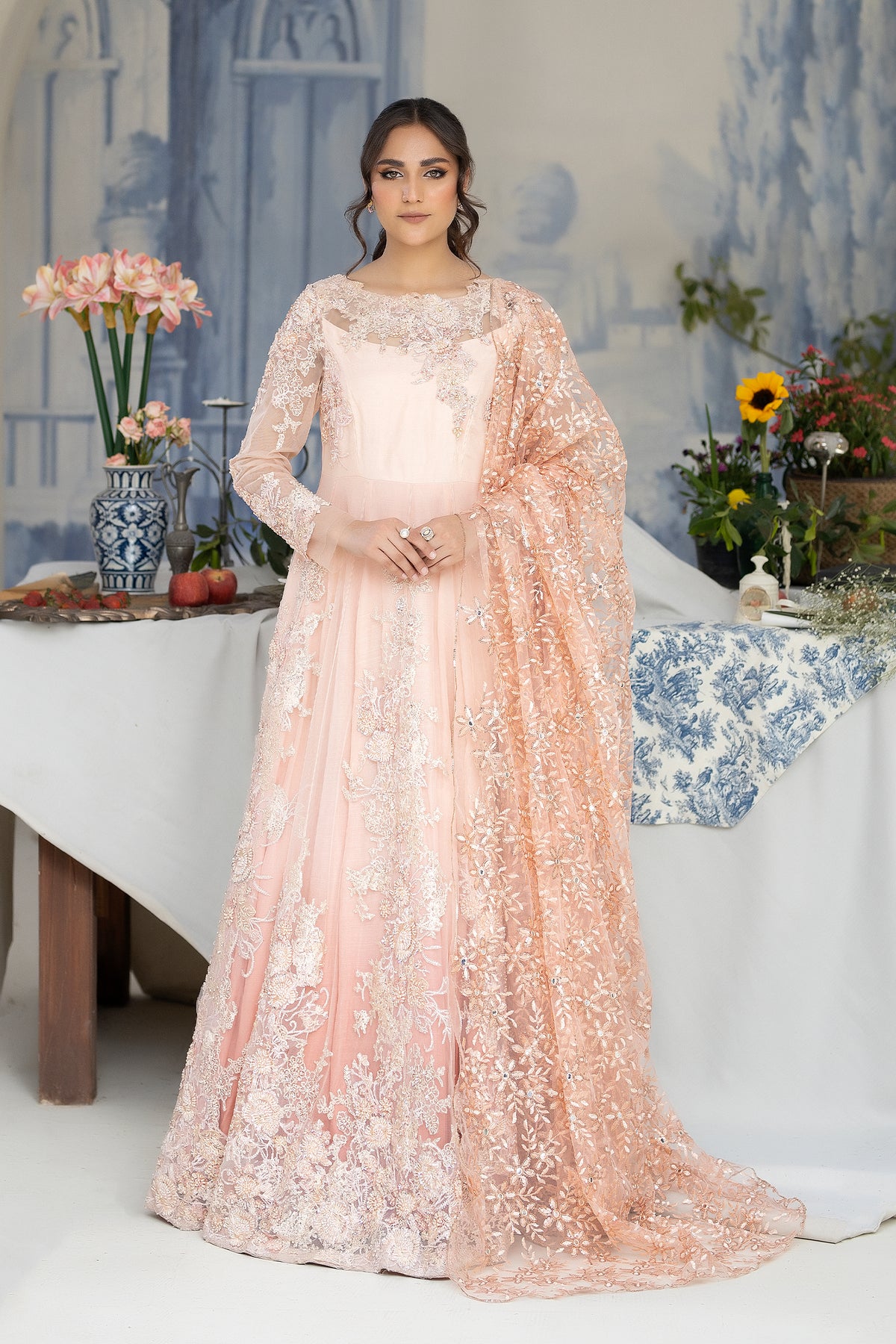 Blush Pink Hand Embroidered Net Anarkali Gown (2-Piece) - Image 1