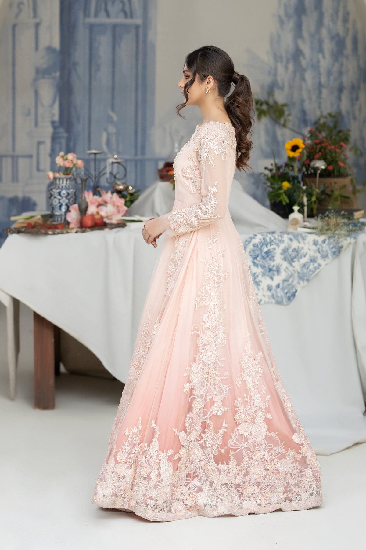 Blush Pink Hand Embroidered Net Anarkali Gown (2-Piece) - Image 2