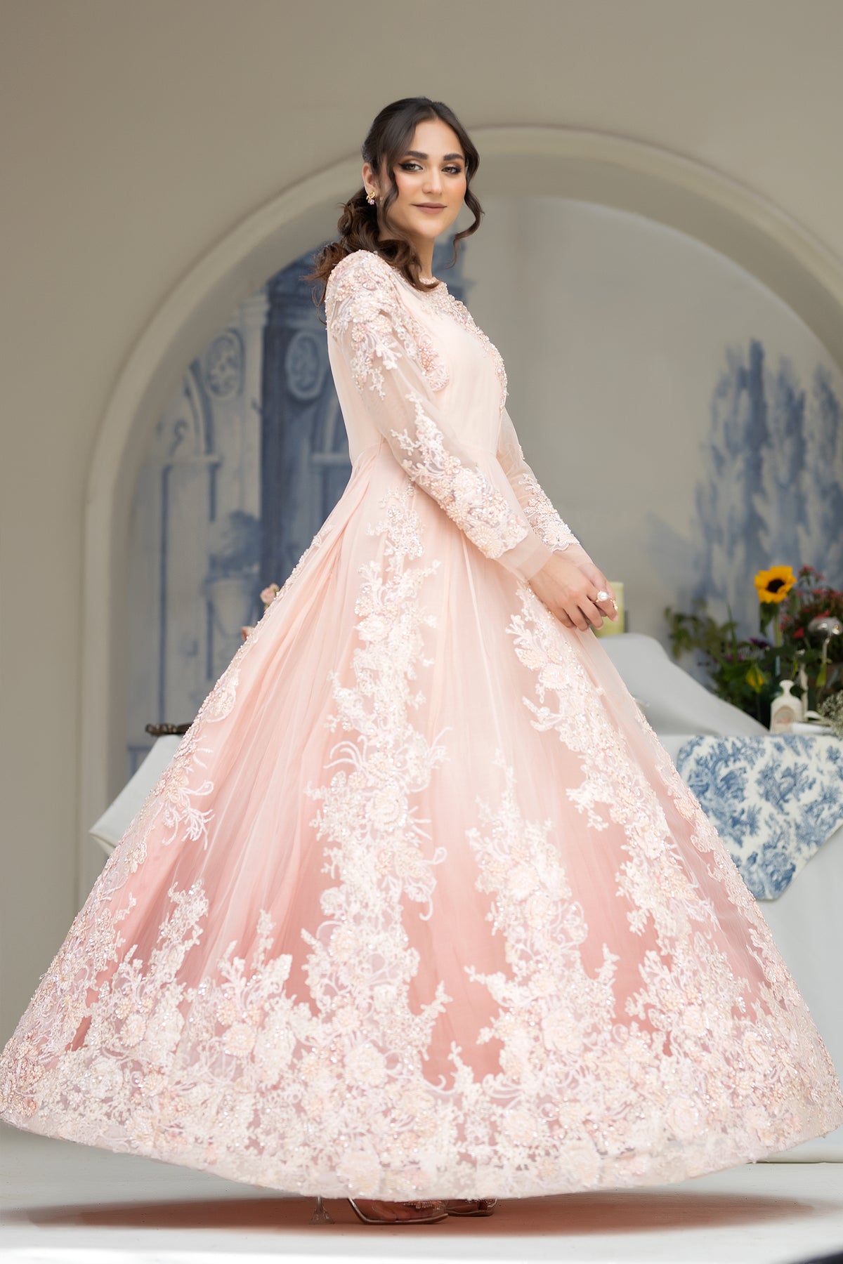 Blush Pink Hand Embroidered Net Anarkali Gown (2-Piece) - Image 3