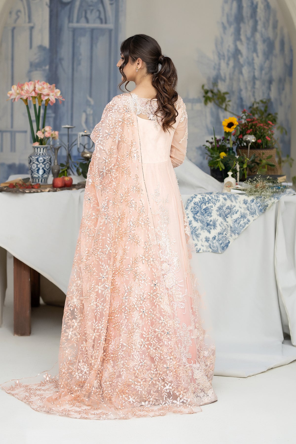 Blush Pink Hand Embroidered Net Anarkali Gown (2-Piece) - Image 4