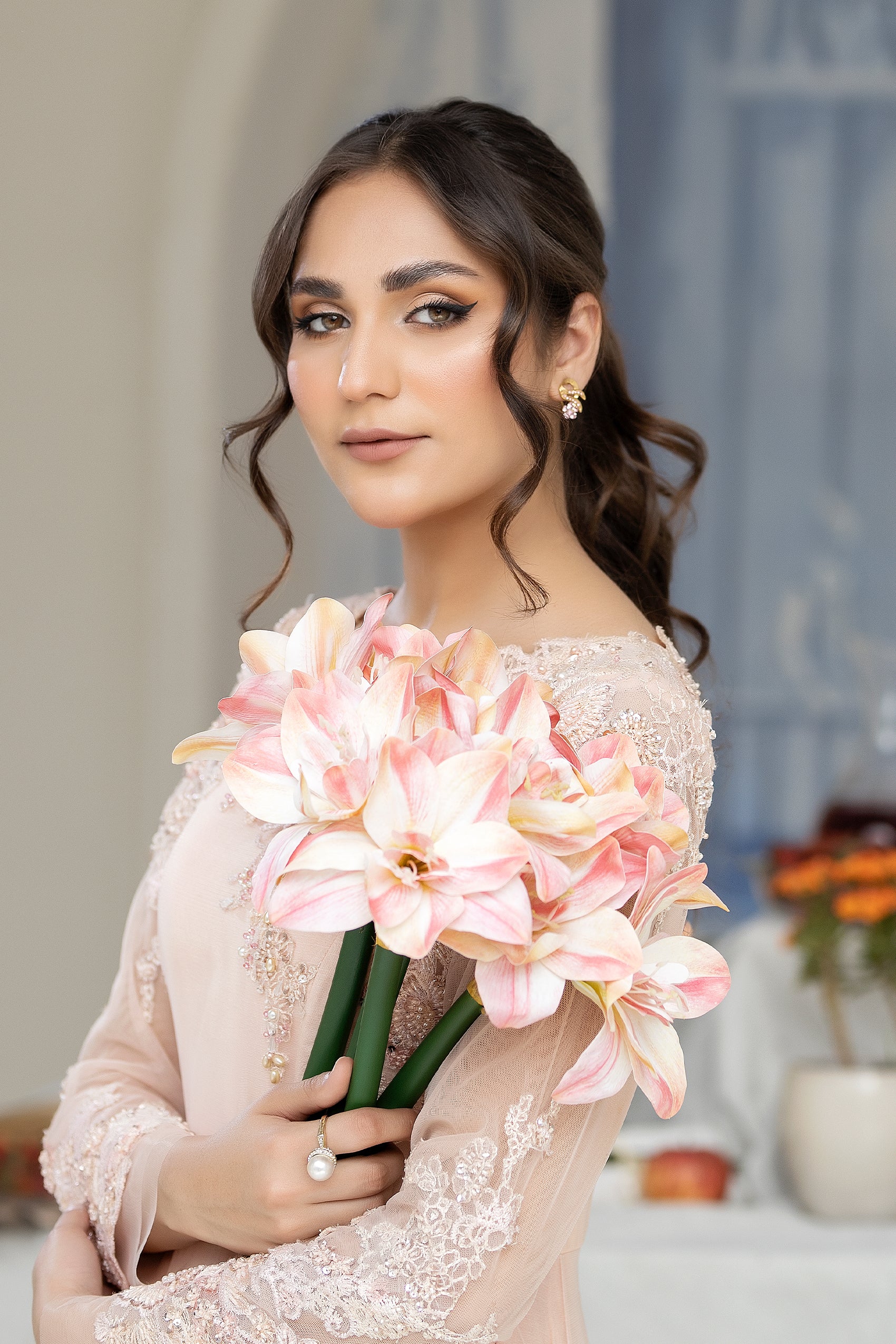 Blush Pink Hand Embroidered Net Anarkali Gown (2-Piece) - Image 5