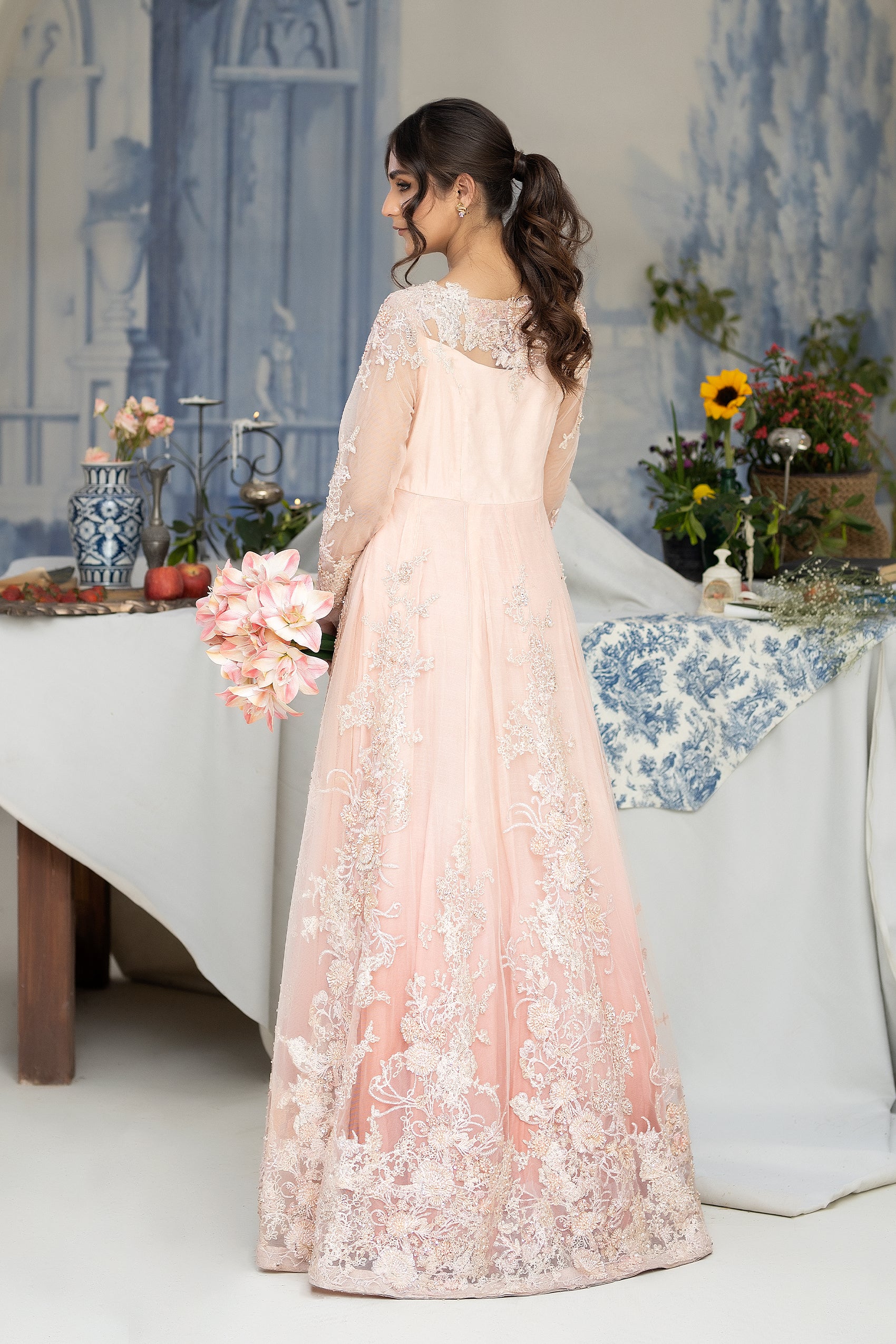 Blush Pink Hand Embroidered Net Anarkali Gown (2-Piece) - Image 6