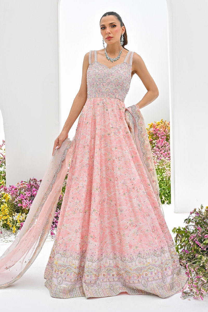 Pakistani Powder Pink Embroidered Kalidar Anarkali Dress (2-Piece) - Image 1