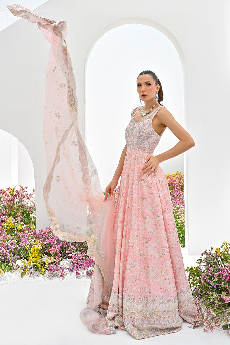 Pakistani Powder Pink Embroidered Kalidar Anarkali Dress (2-Piece) - Image 4
