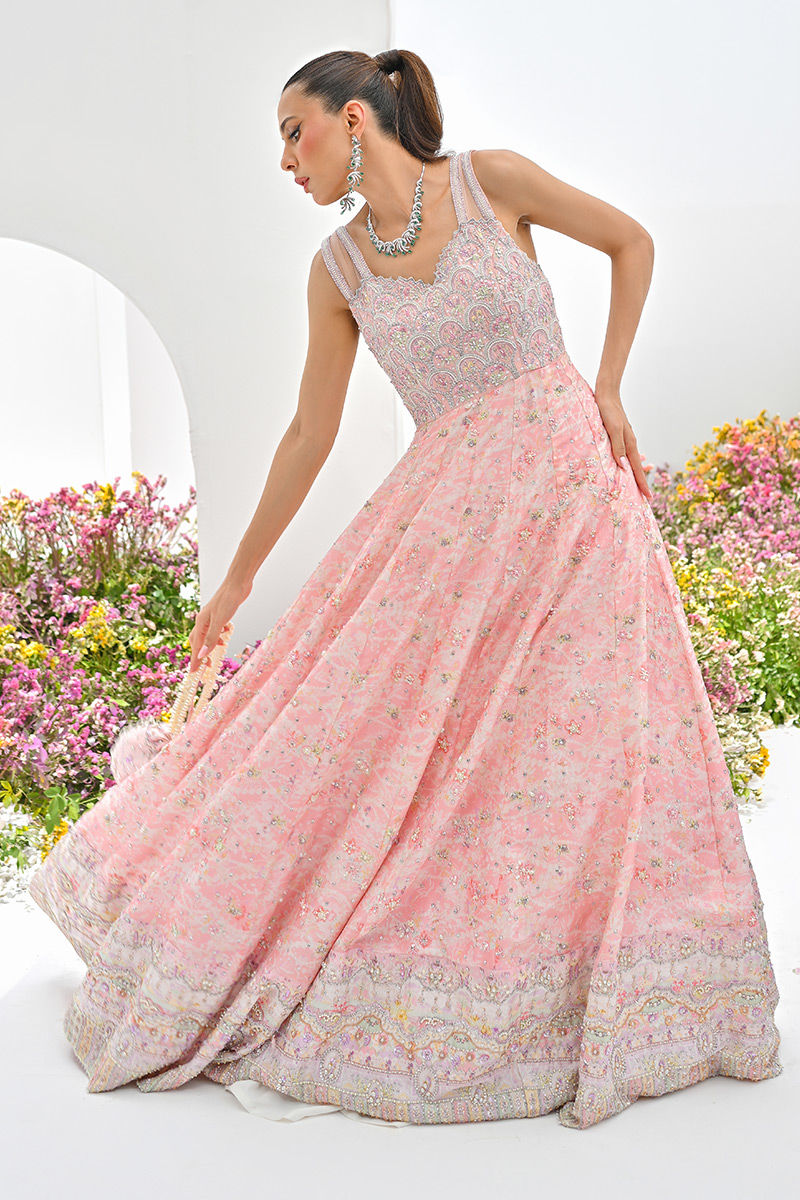 Pakistani Powder Pink Embroidered Kalidar Anarkali Dress (2-Piece) - Image 5