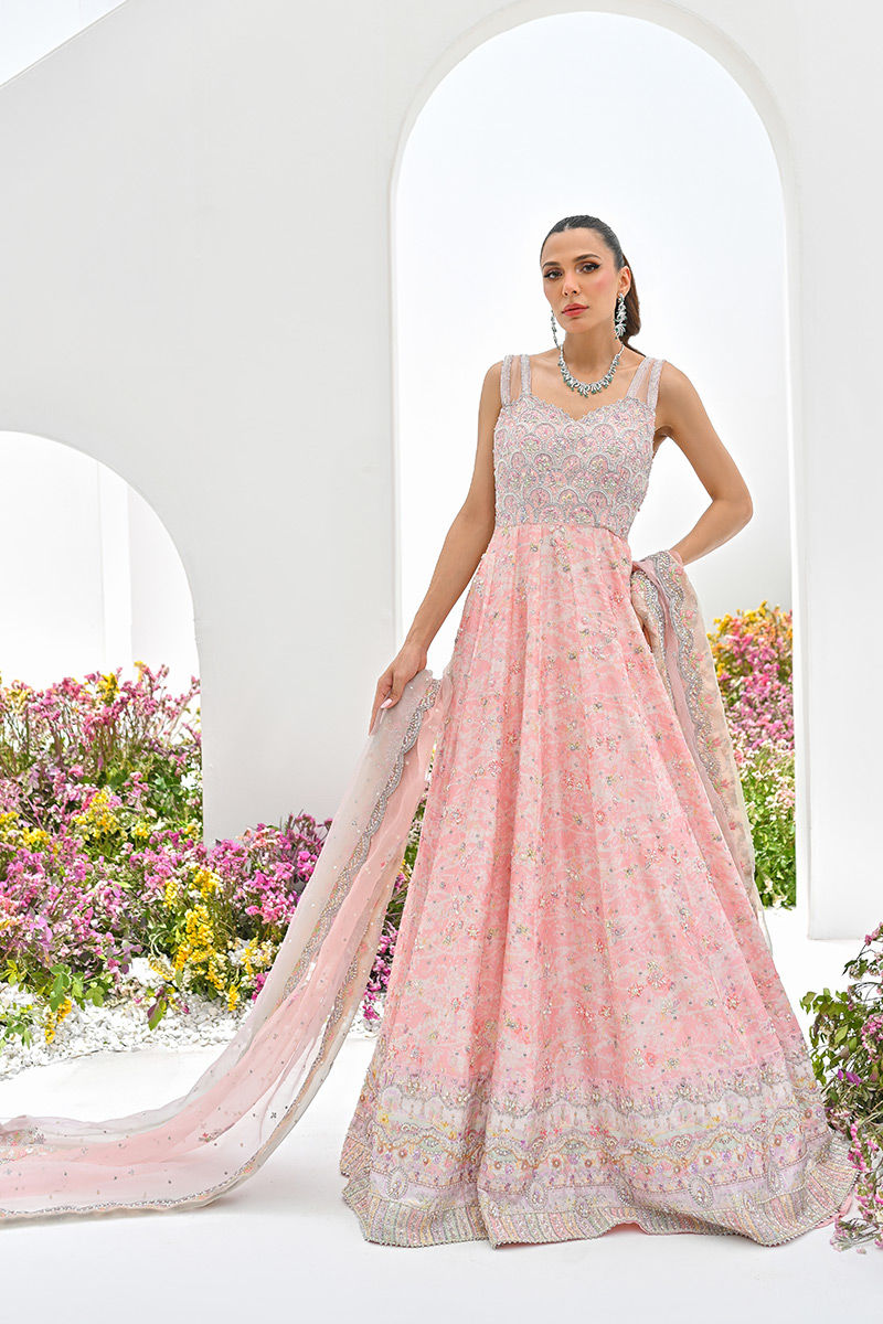 Pakistani Powder Pink Embroidered Kalidar Anarkali Dress (2-Piece) - Image 6