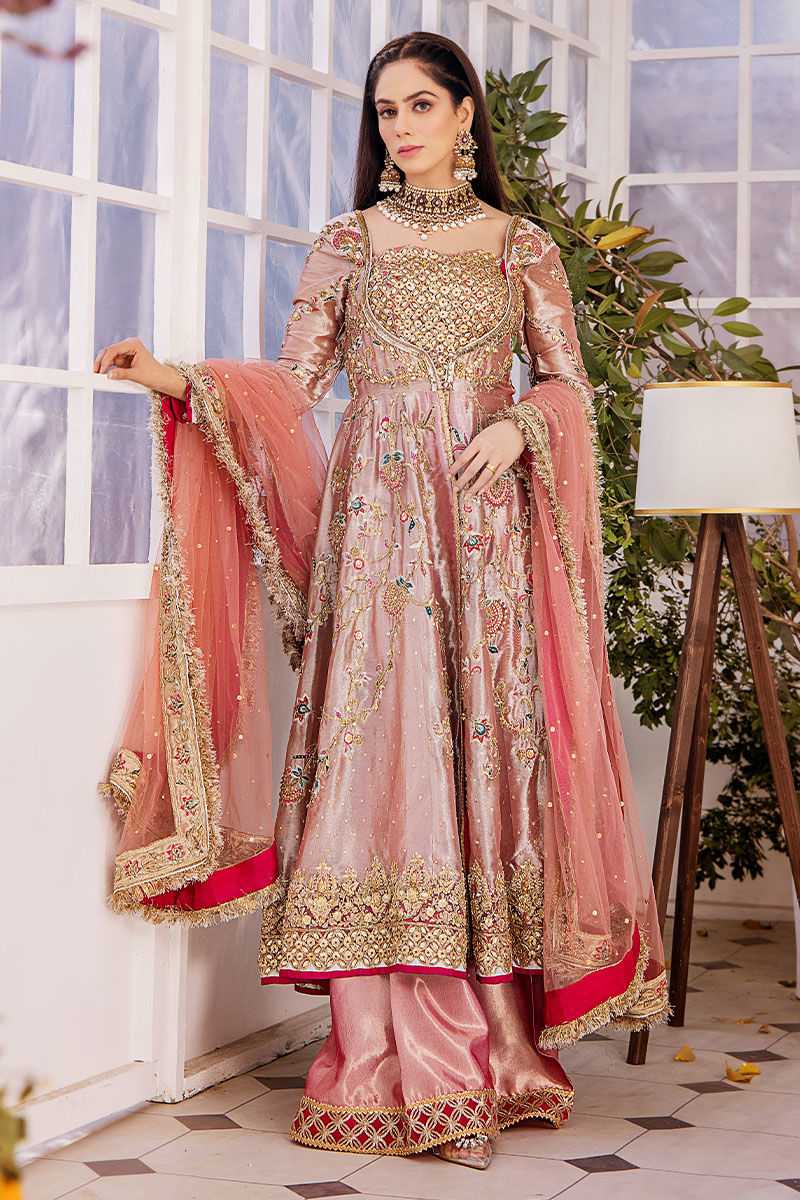 Pakistani Peach Pink Embroidered Organza Anarkali Dress (3-Piece) - Image 1