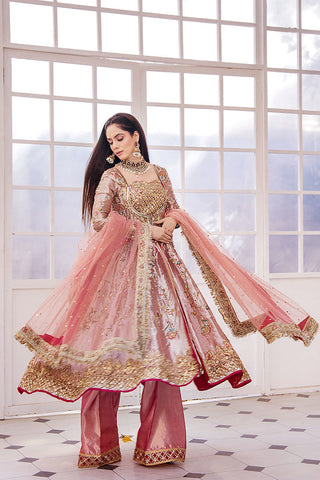 Pakistani Peach Pink Embroidered Organza Anarkali Dress (3-Piece) - Image 12