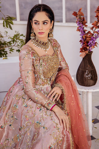 Pakistani Peach Pink Embroidered Organza Anarkali Dress (3-Piece) - Image 4