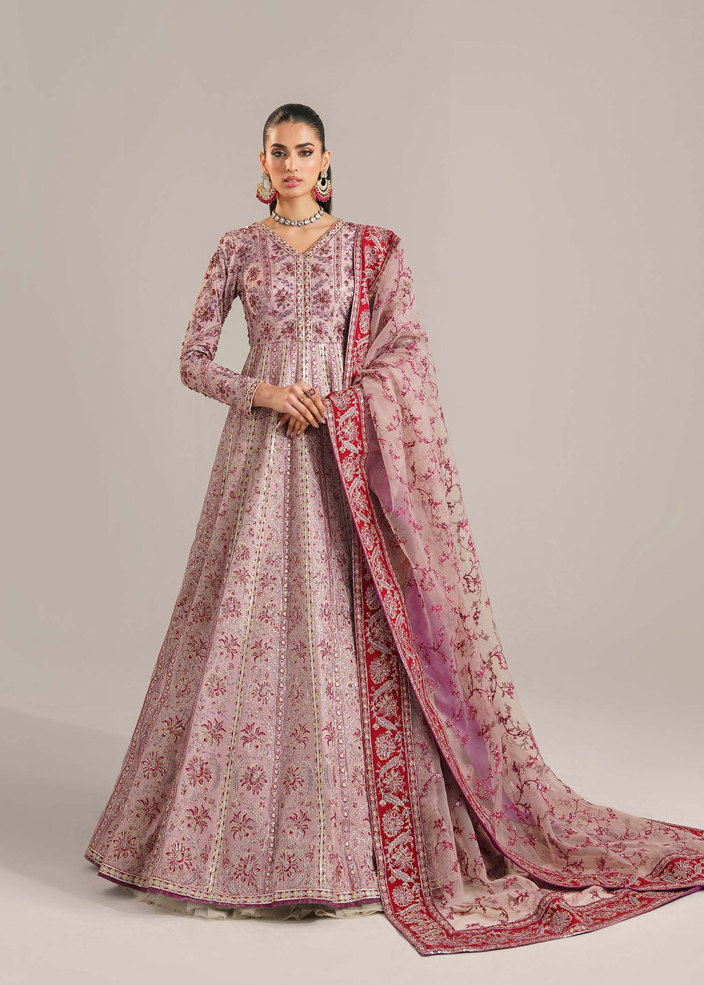 Pakistani Dusty Pink Embroidered Organza Anarkali Dress (2-Piece) - Image 1