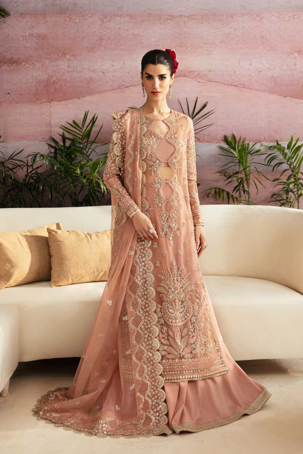 Pakistani Blush Pink Hand-Embellished Organza Anarkali Dress (3-Piece) - Image 1