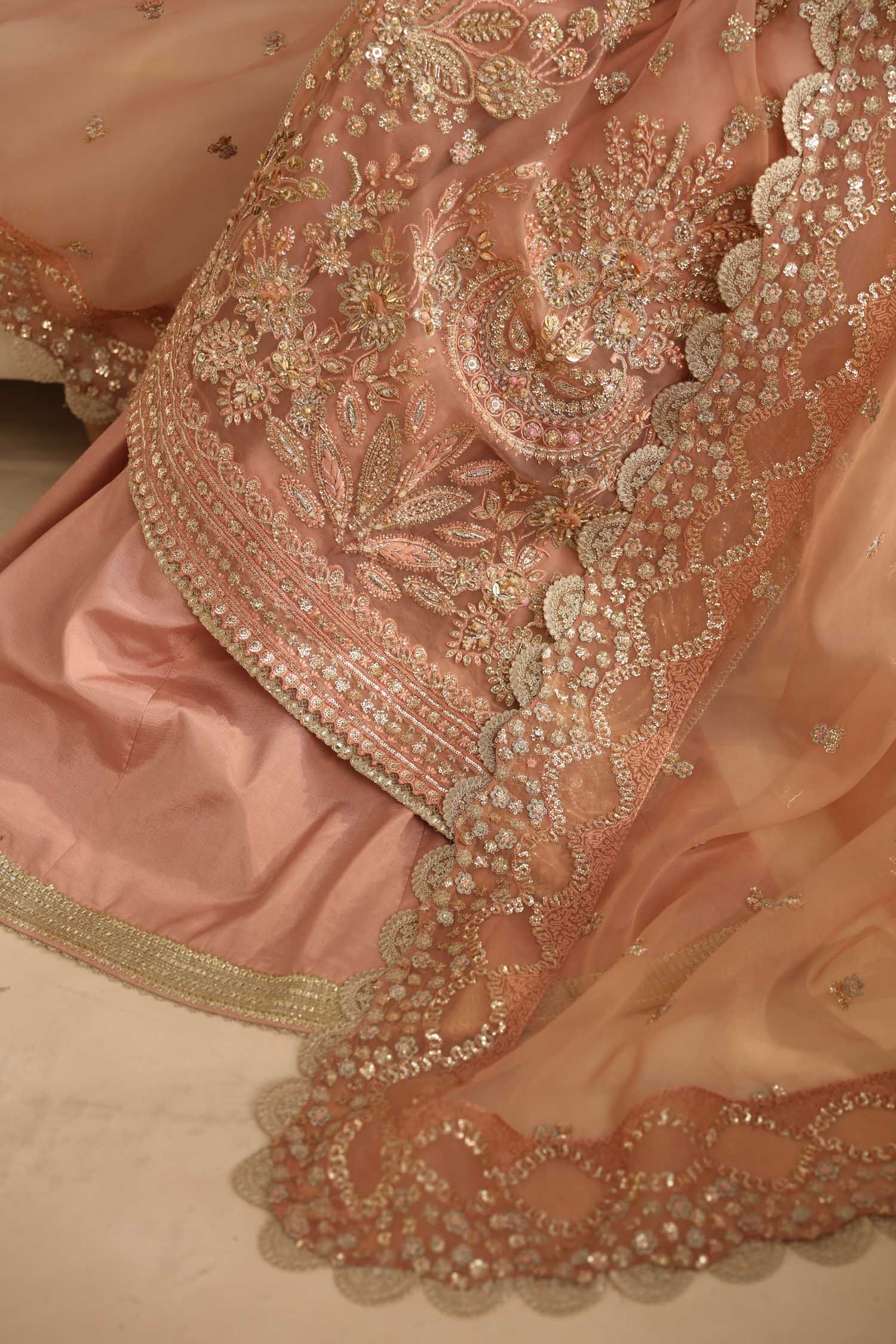 Pakistani Blush Pink Hand-Embellished Organza Anarkali Dress (3-Piece) - Image 10
