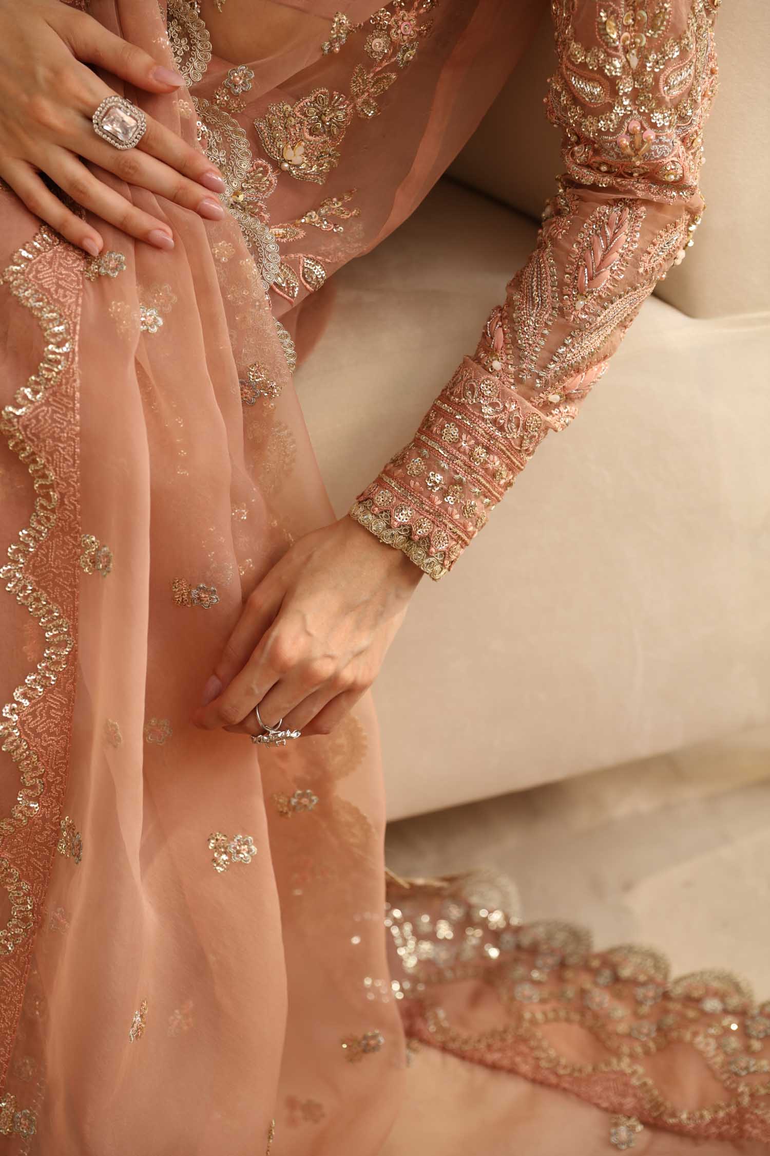 Pakistani Blush Pink Hand-Embellished Organza Anarkali Dress (3-Piece) - Image 12