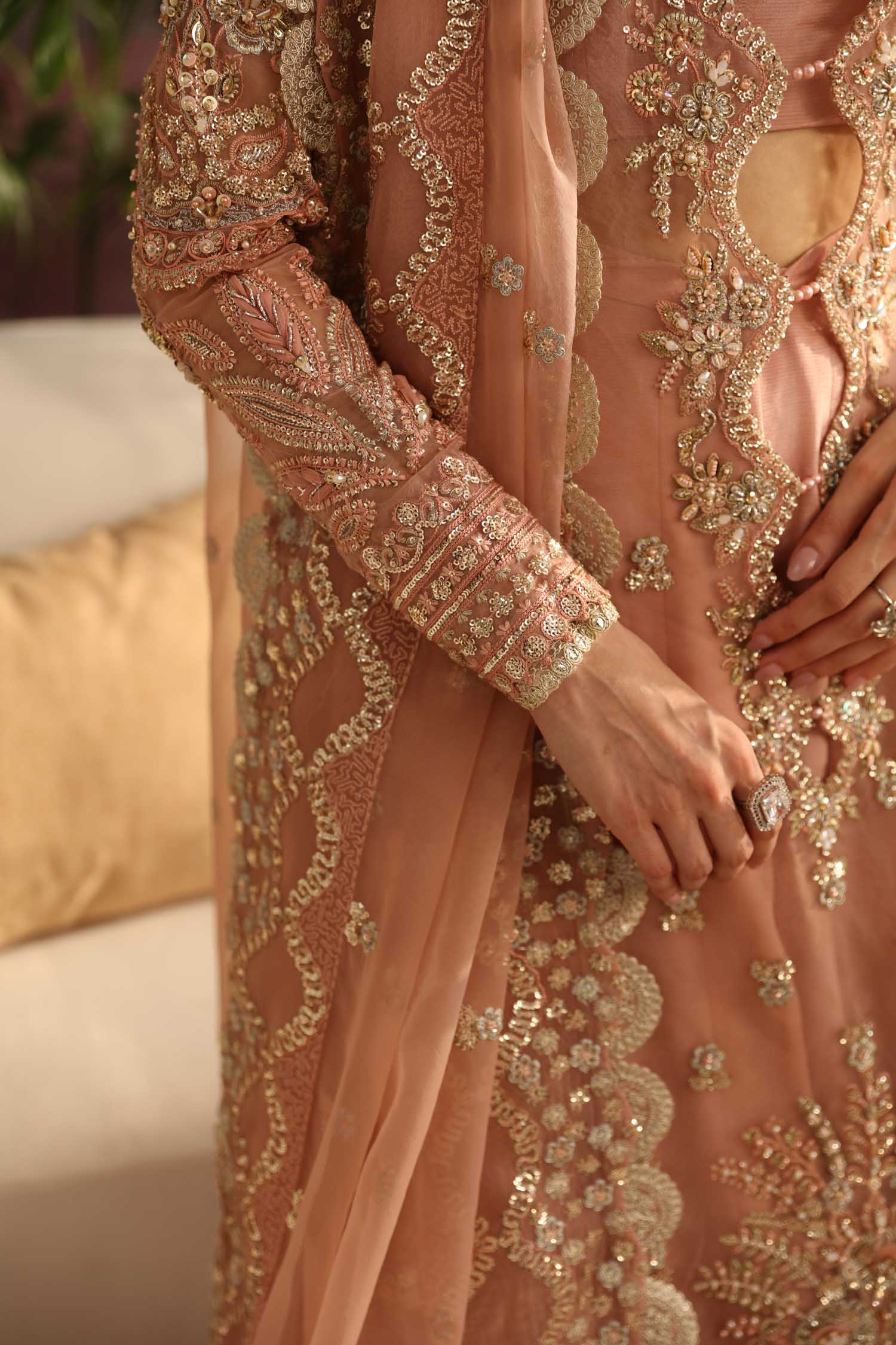 Pakistani Blush Pink Hand-Embellished Organza Anarkali Dress (3-Piece) - Image 2