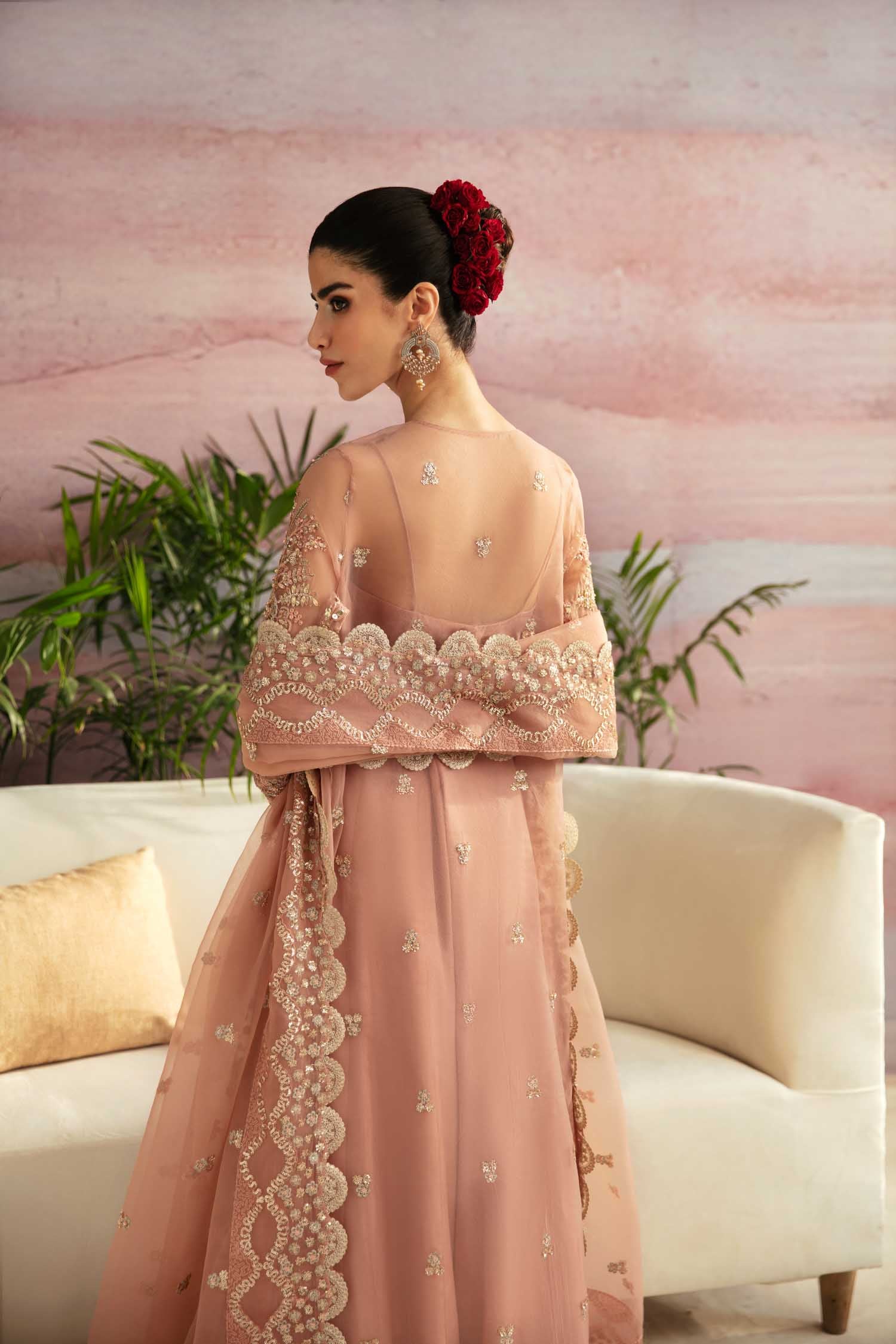 Pakistani Blush Pink Hand-Embellished Organza Anarkali Dress (3-Piece) - Image 3