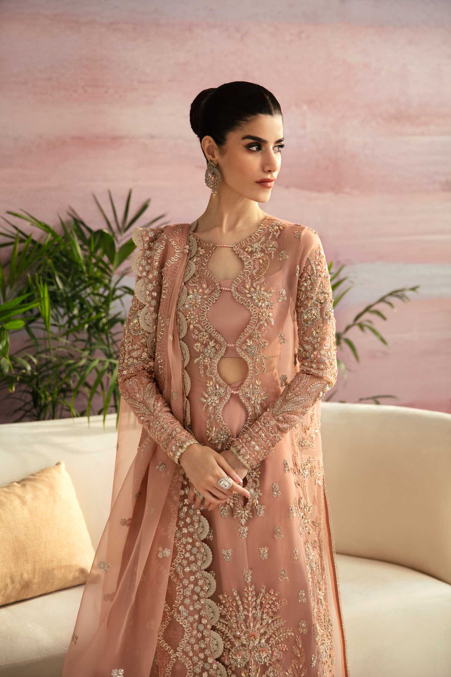 Pakistani Blush Pink Hand-Embellished Organza Anarkali Dress (3-Piece) - Image 4