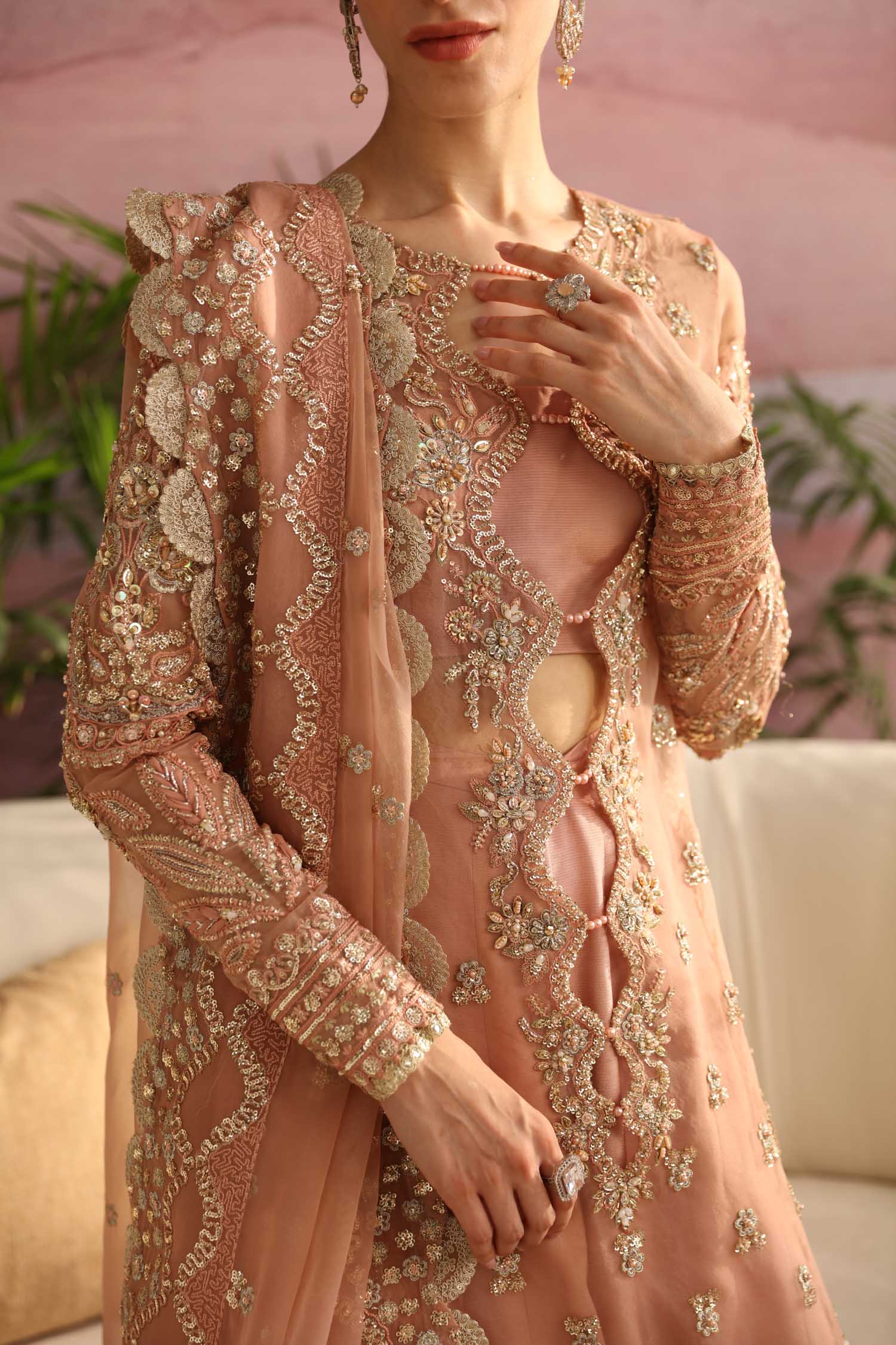 Pakistani Blush Pink Hand-Embellished Organza Anarkali Dress (3-Piece) - Image 5