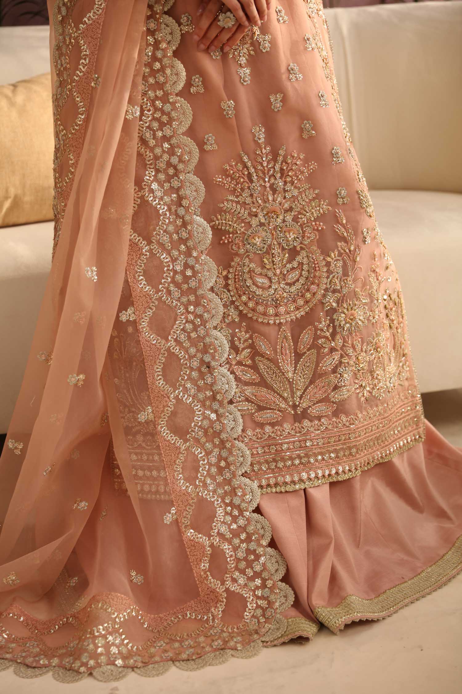 Pakistani Blush Pink Hand-Embellished Organza Anarkali Dress (3-Piece) - Image 6