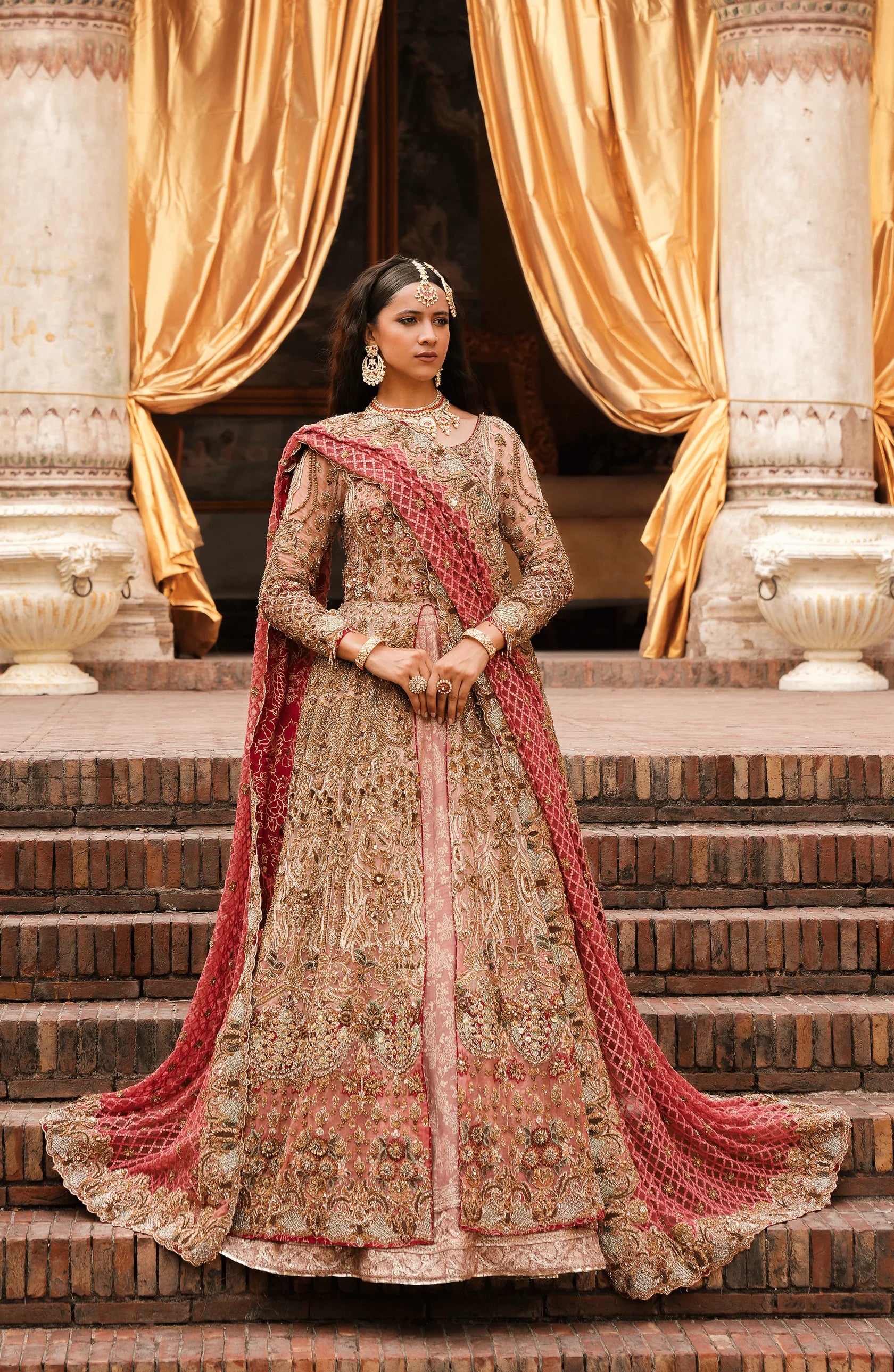 Pakistani Pink Ombre Embroidered Organza Anarkali Dress (2-Piece) - Image 2