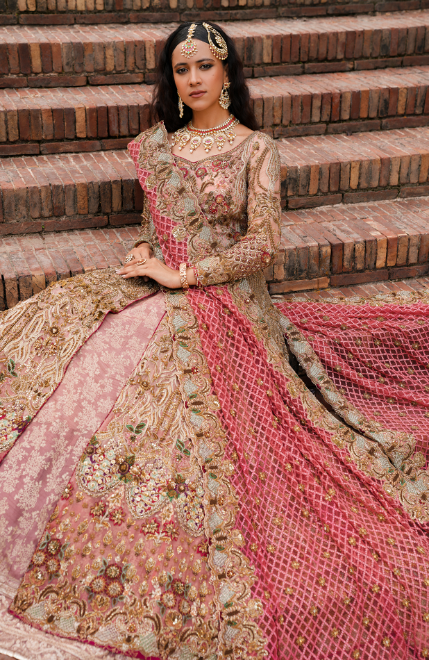 Pakistani Pink Ombre Embroidered Organza Anarkali Dress (2-Piece) - Image 3