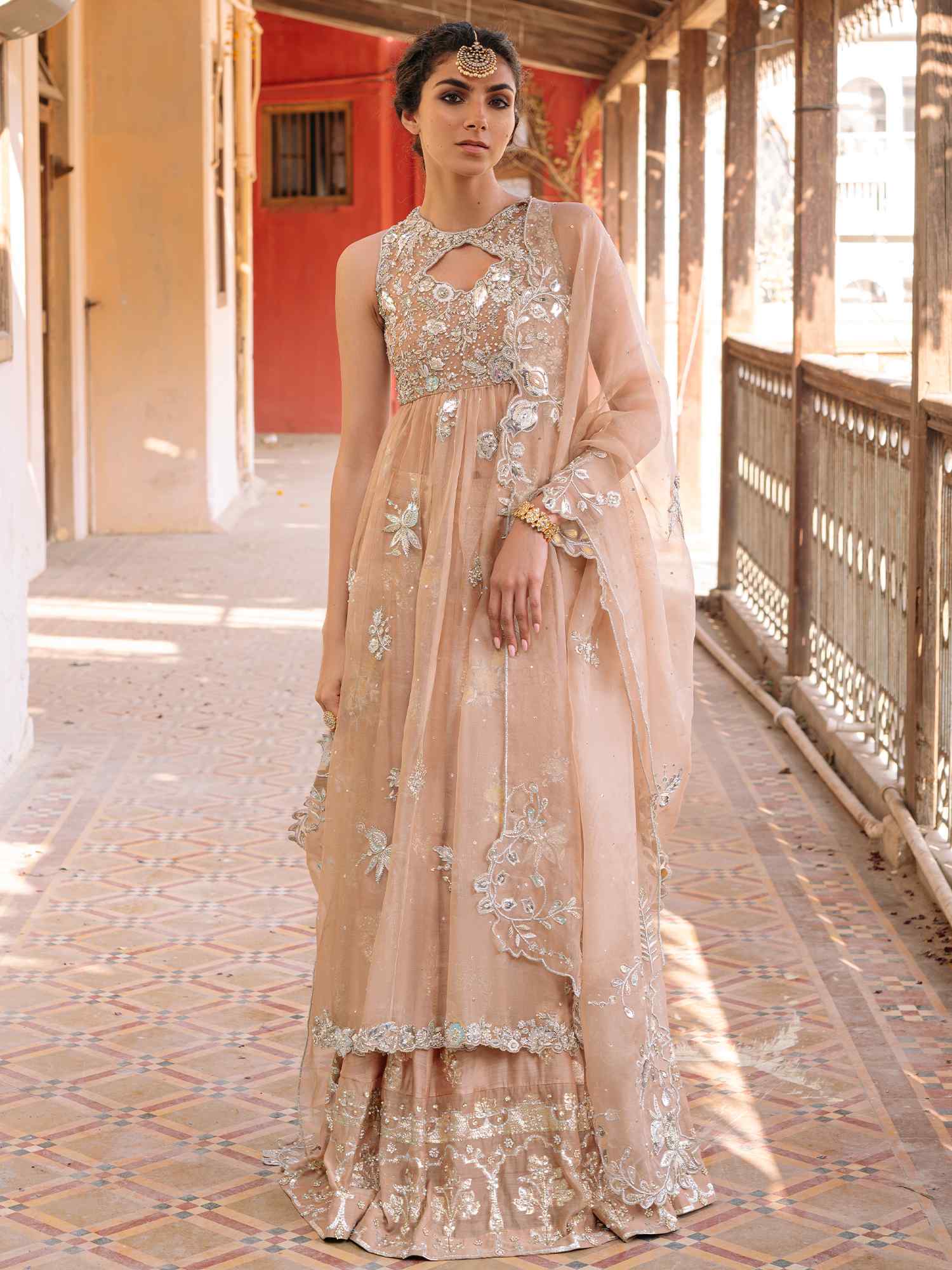 Pakistani Blush Embroidered Organza Woven Kora Anarkali (2-Piece) - Image 1