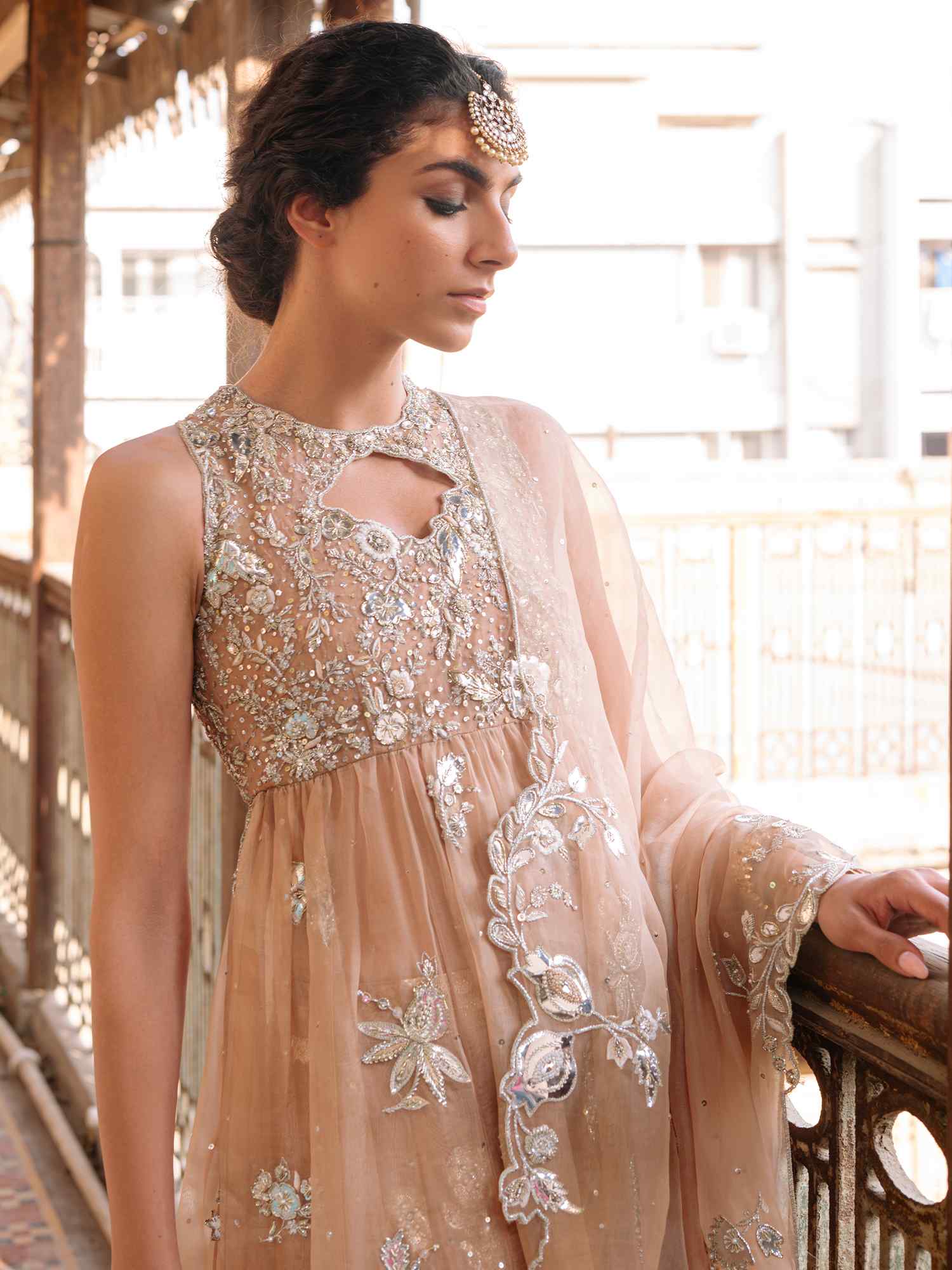 Pakistani Blush Embroidered Organza Woven Kora Anarkali (2-Piece) - Image 2