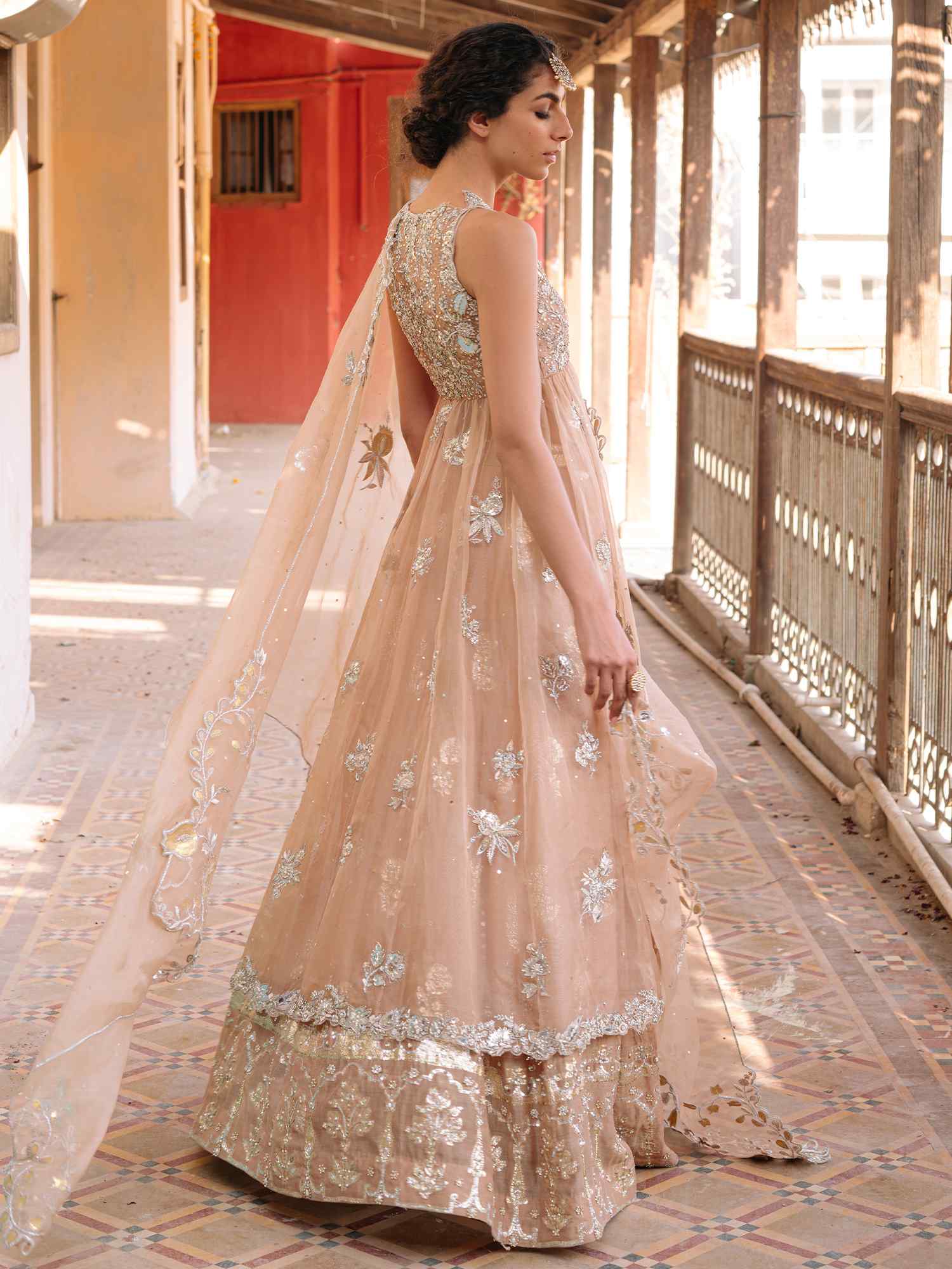 Pakistani Blush Embroidered Organza Woven Kora Anarkali (2-Piece) - Image 3