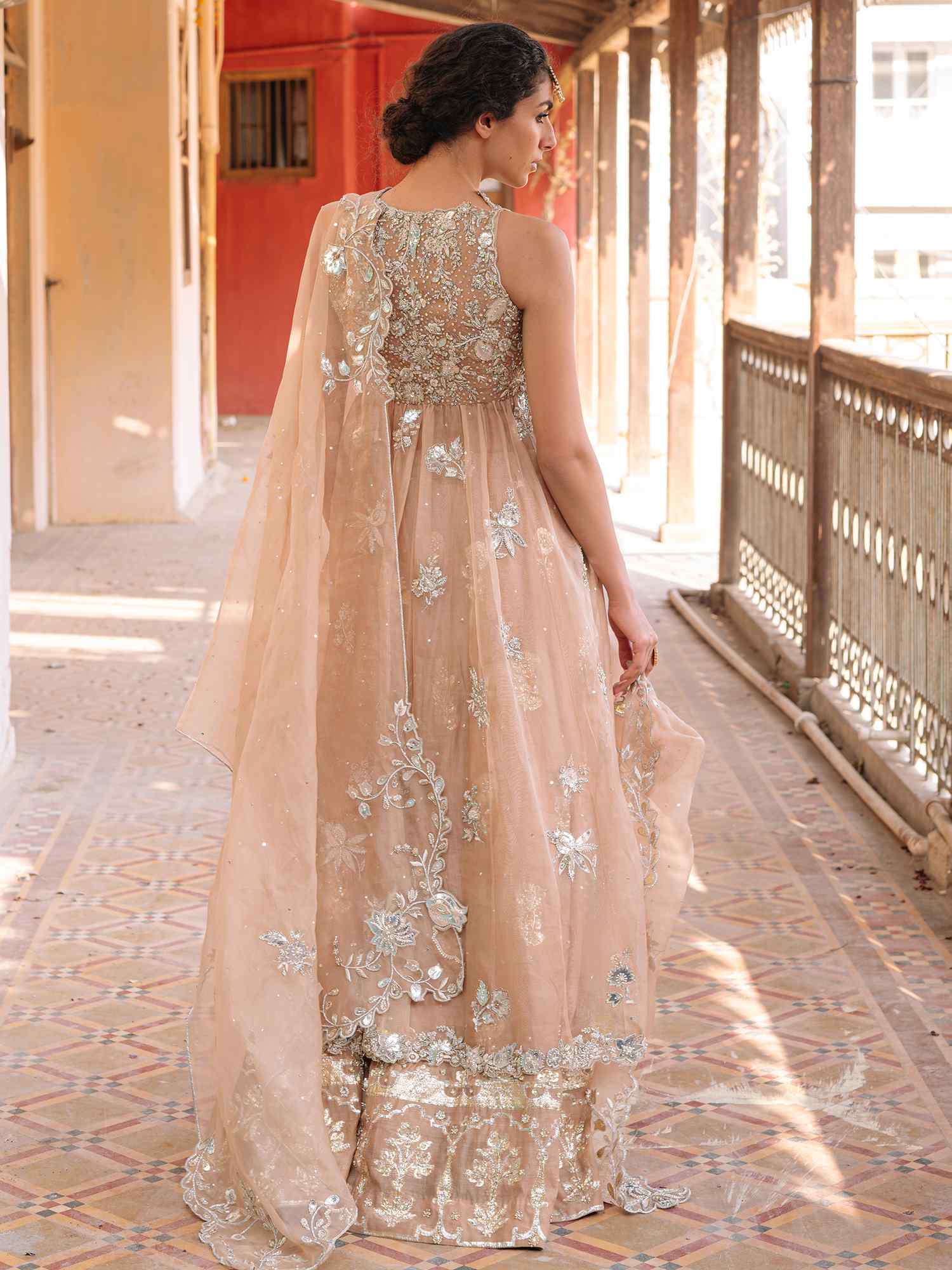 Pakistani Blush Embroidered Organza Woven Kora Anarkali (2-Piece) - Image 4