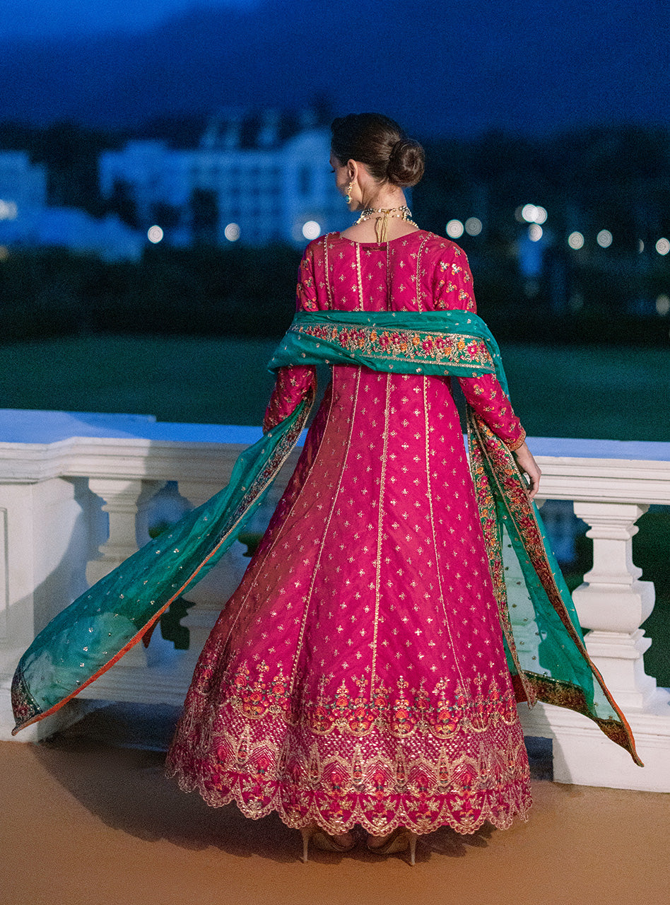 Pakistani Fuchsia Pink Embroidered Organza Anarkali Dress (2-Piece) - Image 2