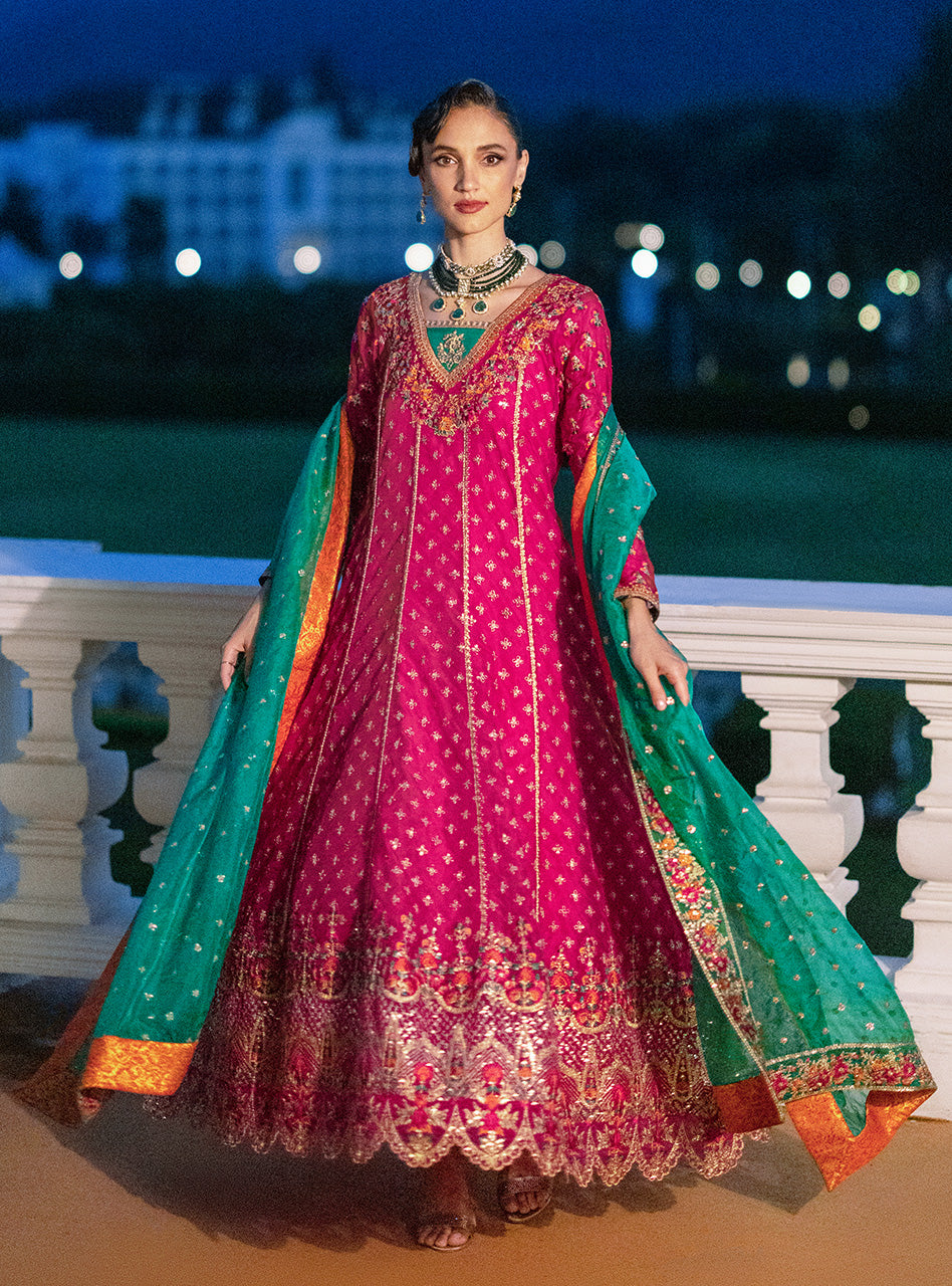 Pakistani Fuchsia Pink Embroidered Organza Anarkali Dress (2-Piece) - Image 3