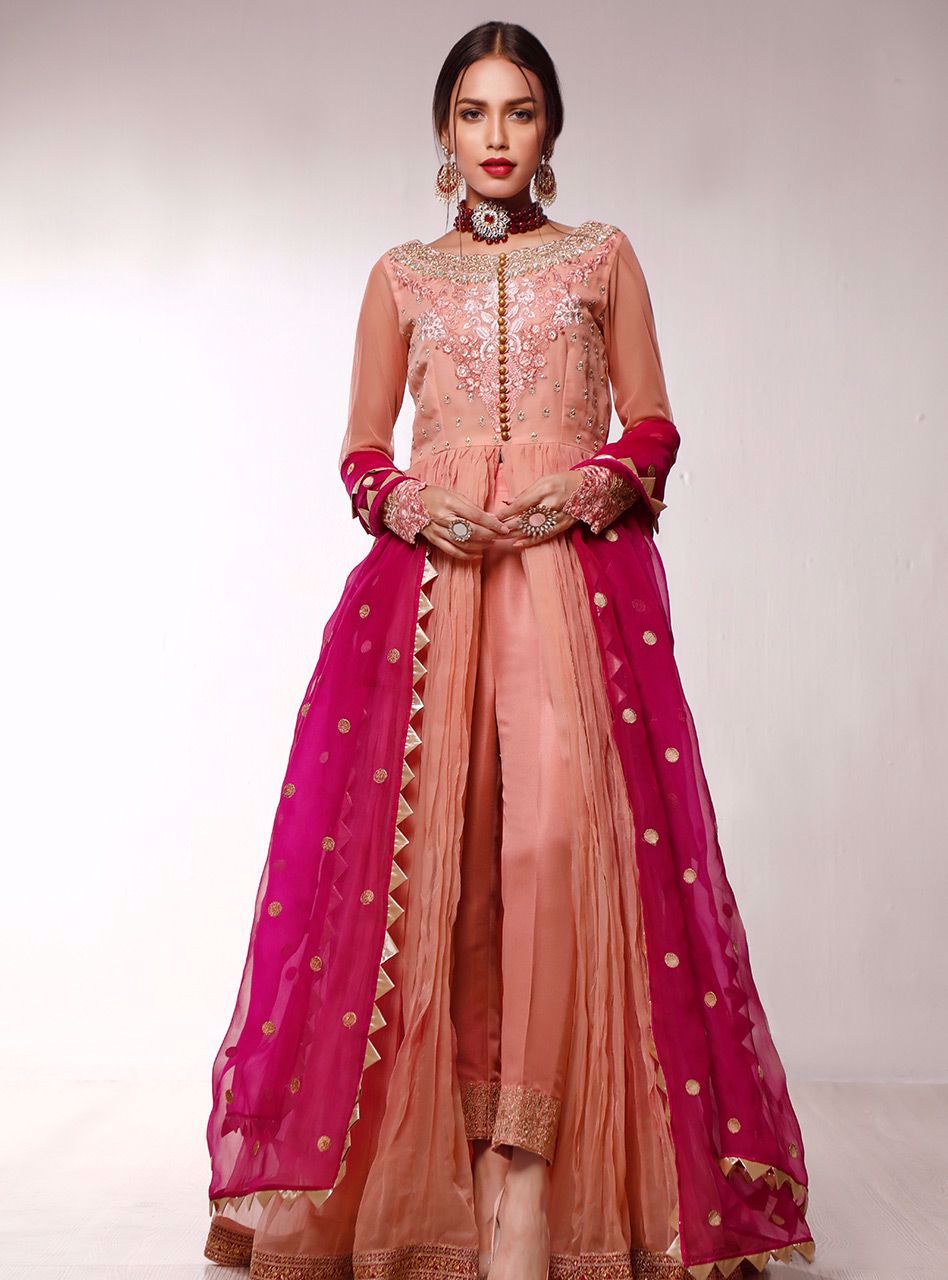 Pakistani Peach Embroidered Organza Anarkali Dress (3-Piece) - Image 2