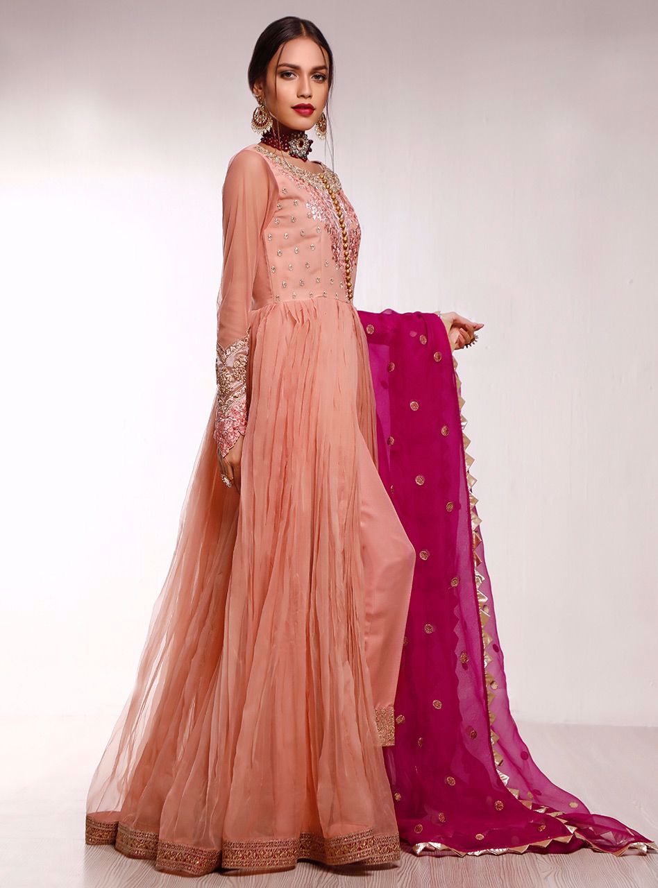 Pakistani Peach Embroidered Organza Anarkali Dress (3-Piece) - Image 3