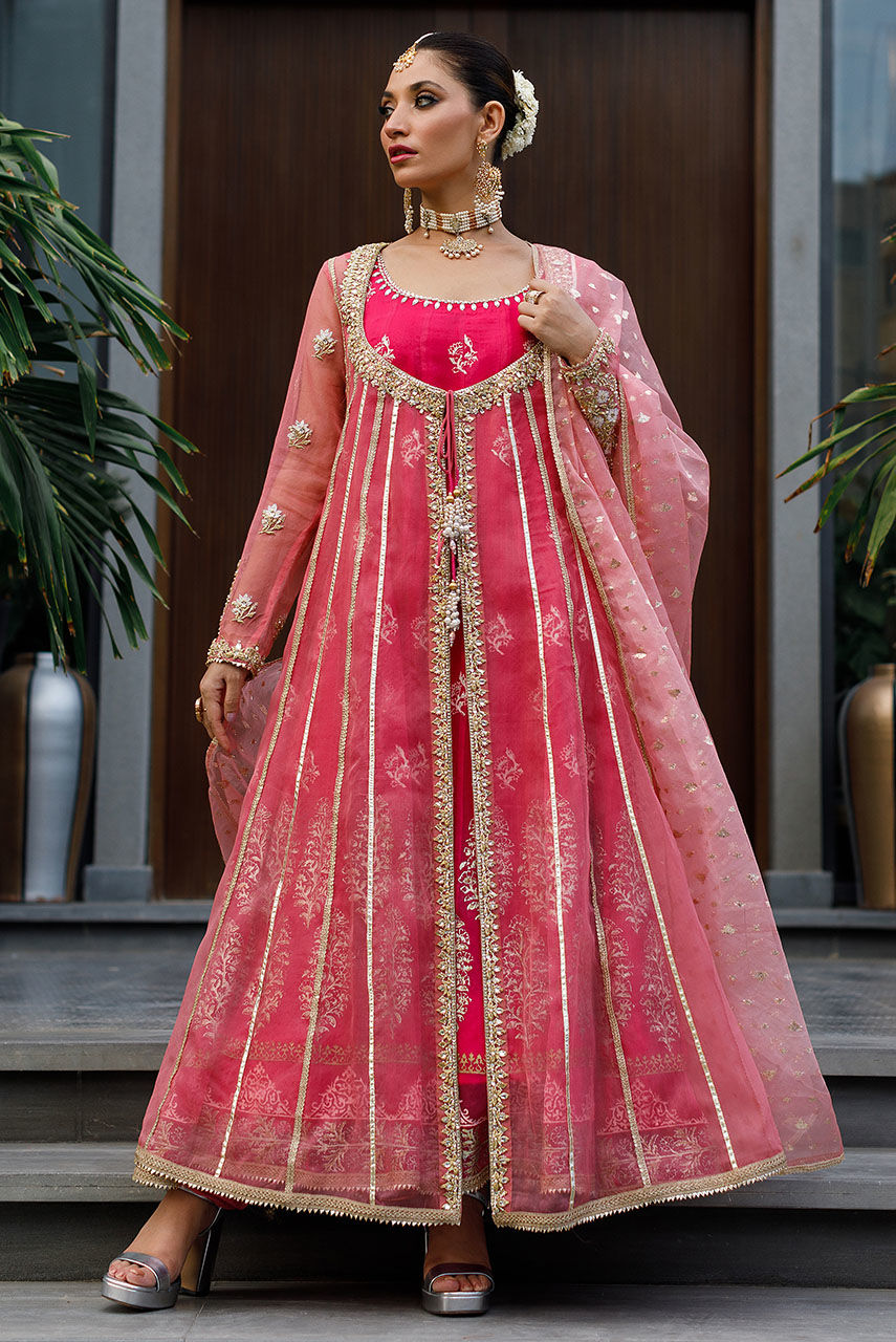 Pakistani Pink Zardozi Organza Anarkali Dress (3-Piece) - Image 1
